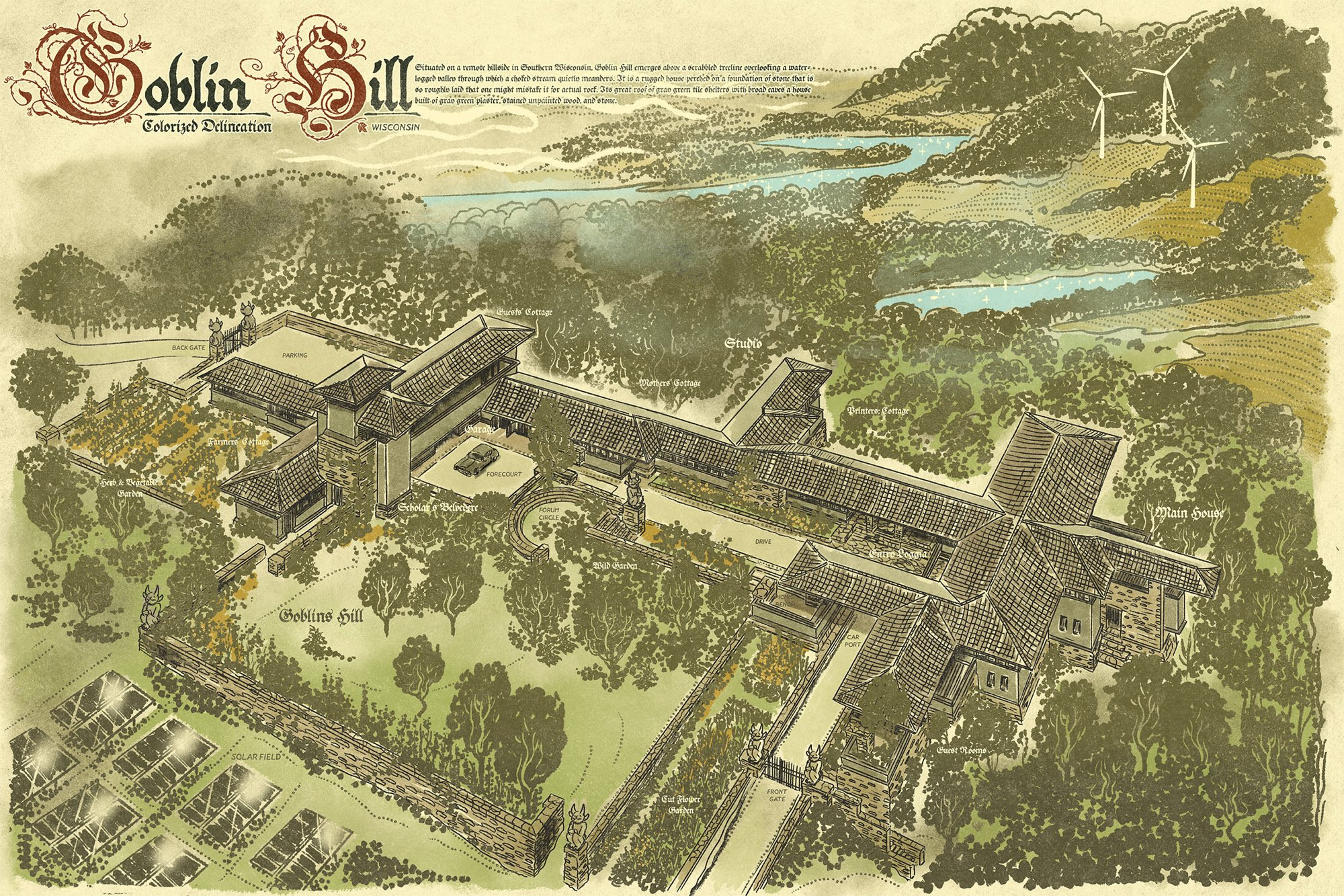 Text: Goblin Hill

Image: a perspective drawing of a long low rambling residence built in the prairie style. It is perched on a hilltop in rural Wisconsin and built of stone, stucco, and cedar. The house is wrapped around a hilltop on three sides, terminating in a short tower. The broad roof shelters many windows, porches, and enclosed balconies. 