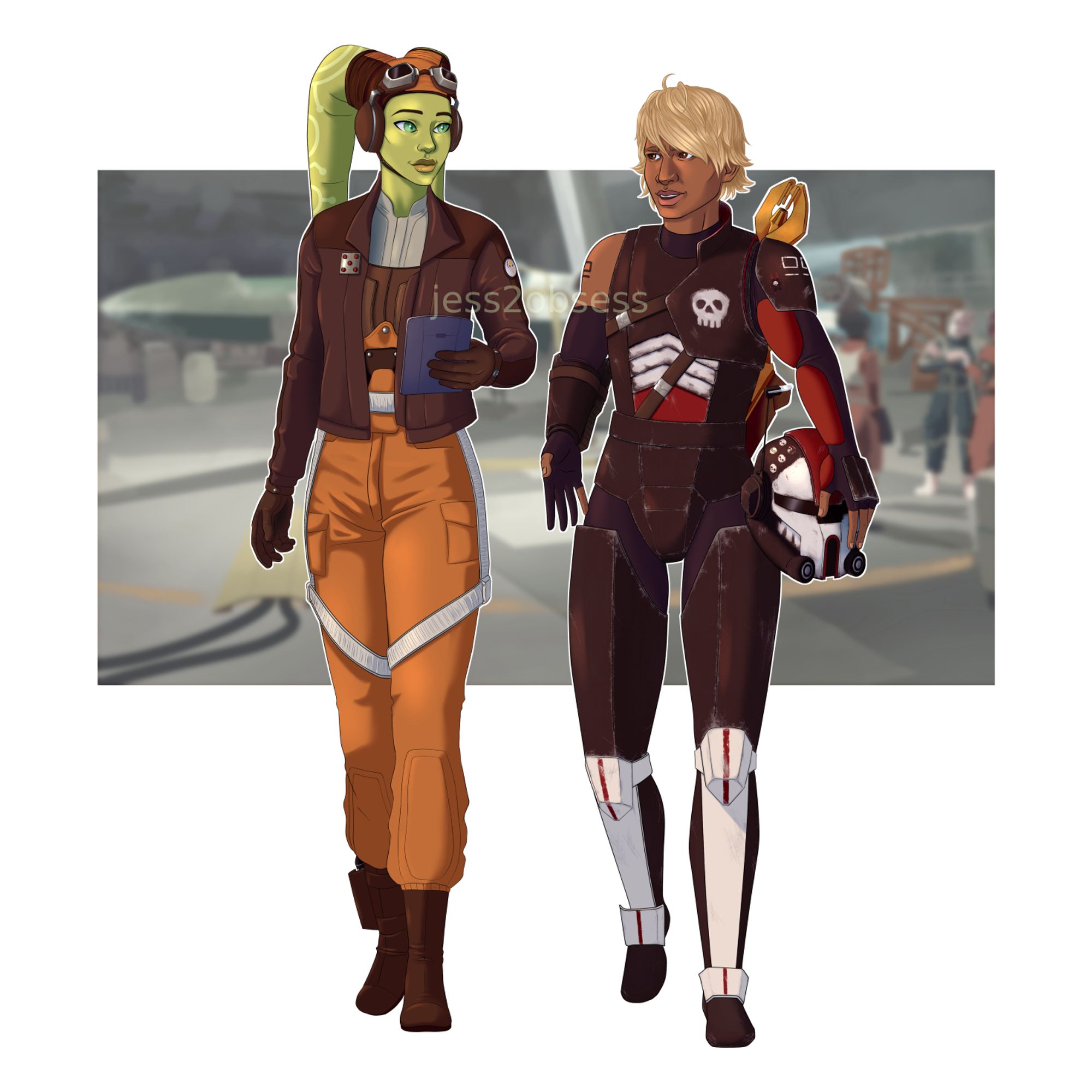 Artwork of Hera from Star Wars Rebels and Omega from The Bad Batch as adults, walking side by side and talking amiably, Omega in full armor and Hera in her usual orange flightsuit with a leather jacket and a general's rank insignia.