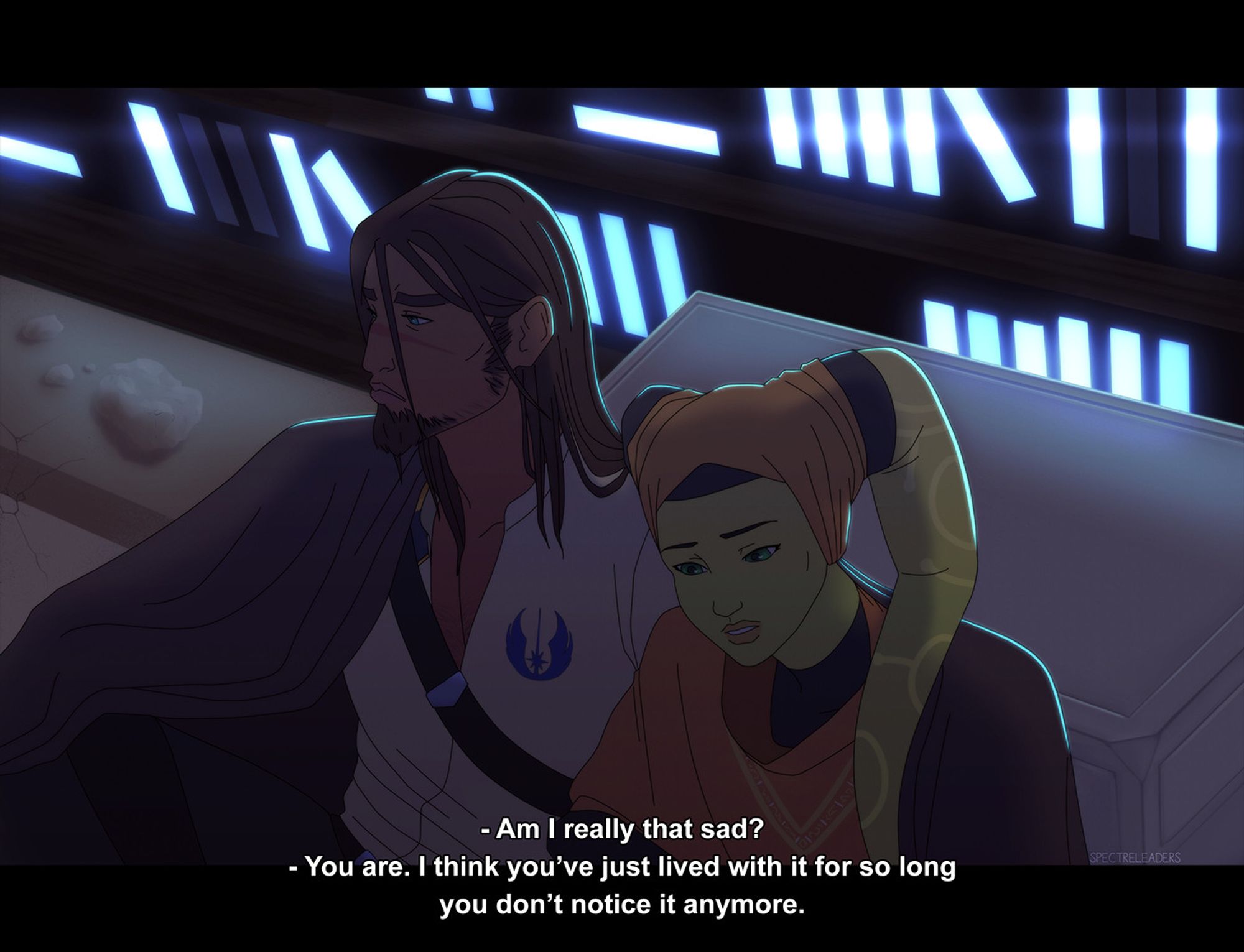 Digital art featuring Hera Syndulla and Kanan Jarrus from Star Wars Rebels, in an alternate universe setting inspired by the anime Castlevania. They are sitting on the floor of the Jedi Temple Archives with their backs against a crate, sharing a blanket. Hera is leaning against Kanan and they both have sad expressions, with Kanan looking away and Hera looking down contemplatively. Kanan's hear is loose and hangs over his face and his facial hair is scruffy and unshaved. He wears a shirt with the Jedi Order symbol on the chest, and Hera is wearing an orange poncho and headwrap. There is subtitle text at the bottom that reads: 
- Am I really that sad?
- You are. I think you've just lived with it for so long you don't notice it anymore.