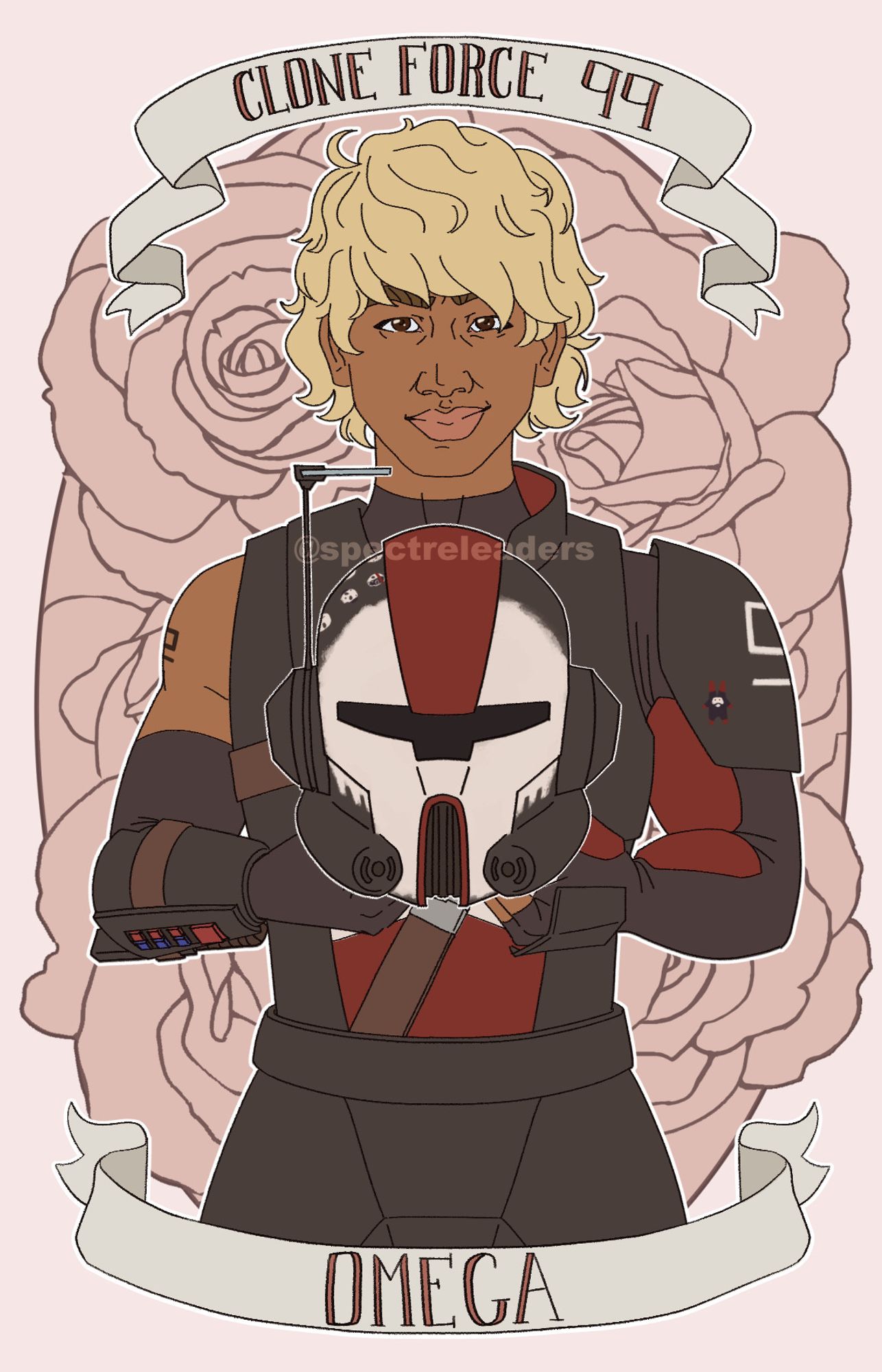 Digital artwork of Omega from Star Wars: The Bad Batch as an adult, holding up her helmet in front of her. Her armor is black and red with white details, including her helmet's face plate being painted white somewhat resembling a skull. She has short curly blonde hair and is smirking. Above her is a banner that reads "Clone Force 99" and below her another that reads "Omega". The background is large pale pink roses.