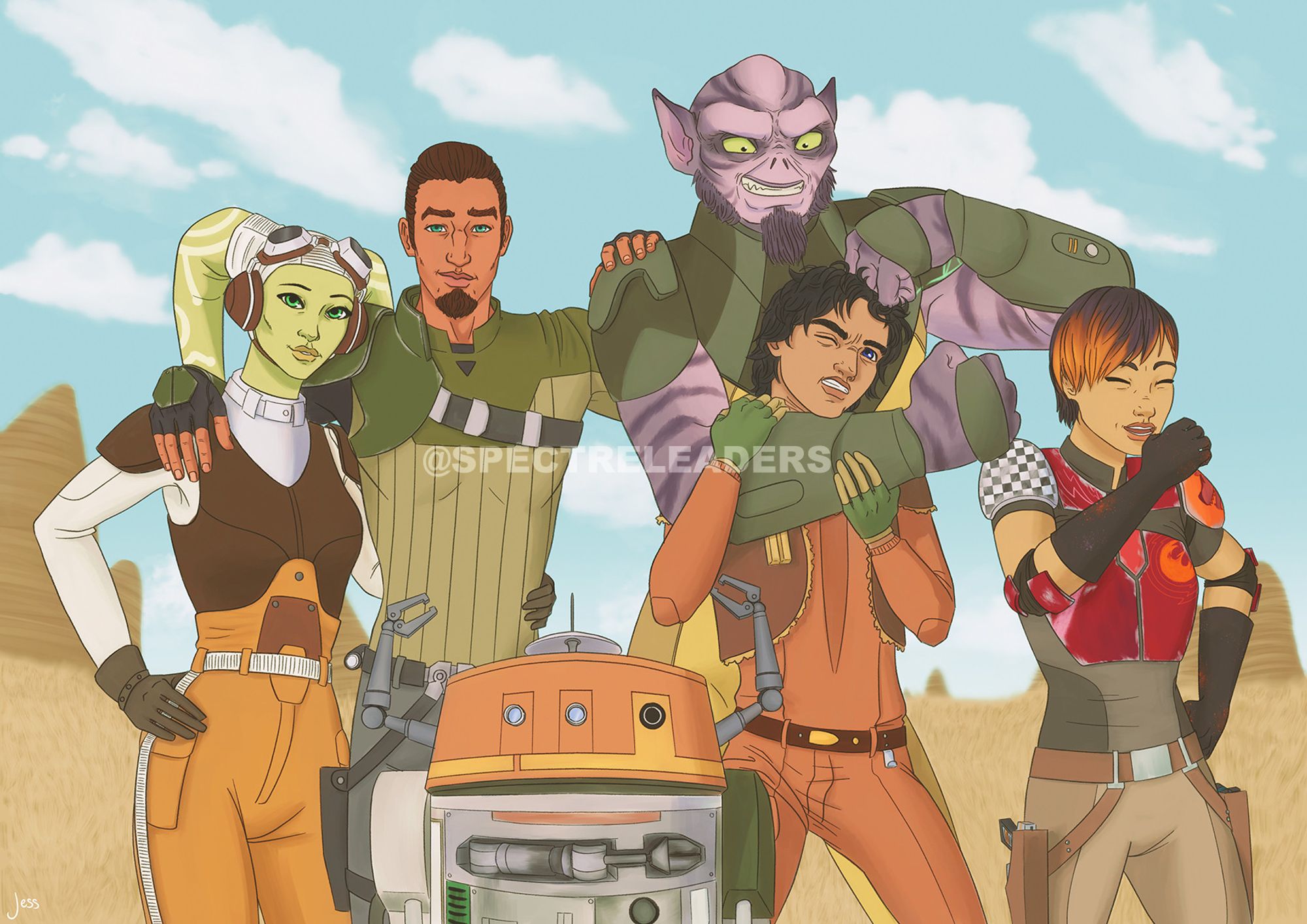 Digital art of the main characters from Star Wars Rebels, posing for a family photo. From left to right: Hera and Kanan stand with their arms around each other in a side embrace; Chopper sits in front of Kanan with his small mechanical arms extended in a victorious pose; Zeb has Ezra in a playful chokehold and is rubbing the knuckles of his other hand into the boy's head while Ezra grabs his arm with an angry expression on his face; and Sabine is laughing, covering her mouth. Behind them is the scenery of Lothal.