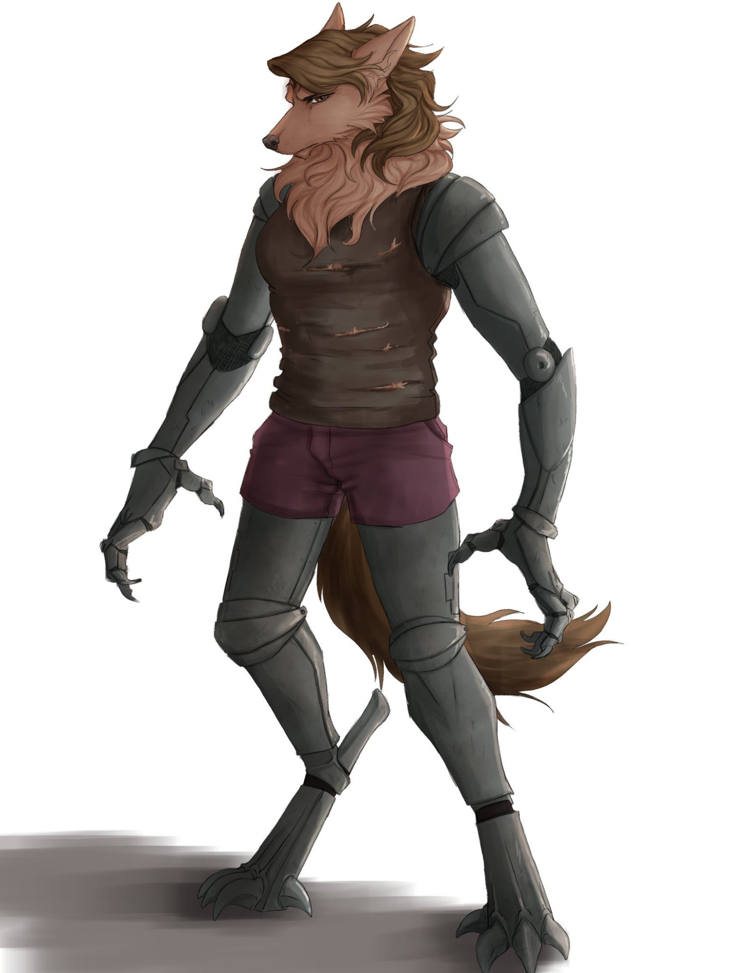 Art by a close friend of my werewolf oc. She has prosthetic limbs that in this configuration resemble more monstrous limbs. Her shirt is ripping as her body is much bigger, and covered in light brown fur. 