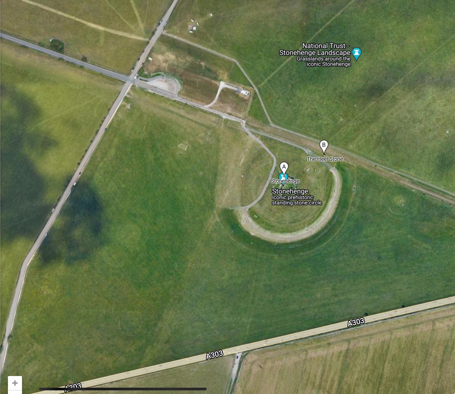 Map of Stonehenge from Google maps showing the A303 and heel stone and general layout of the area