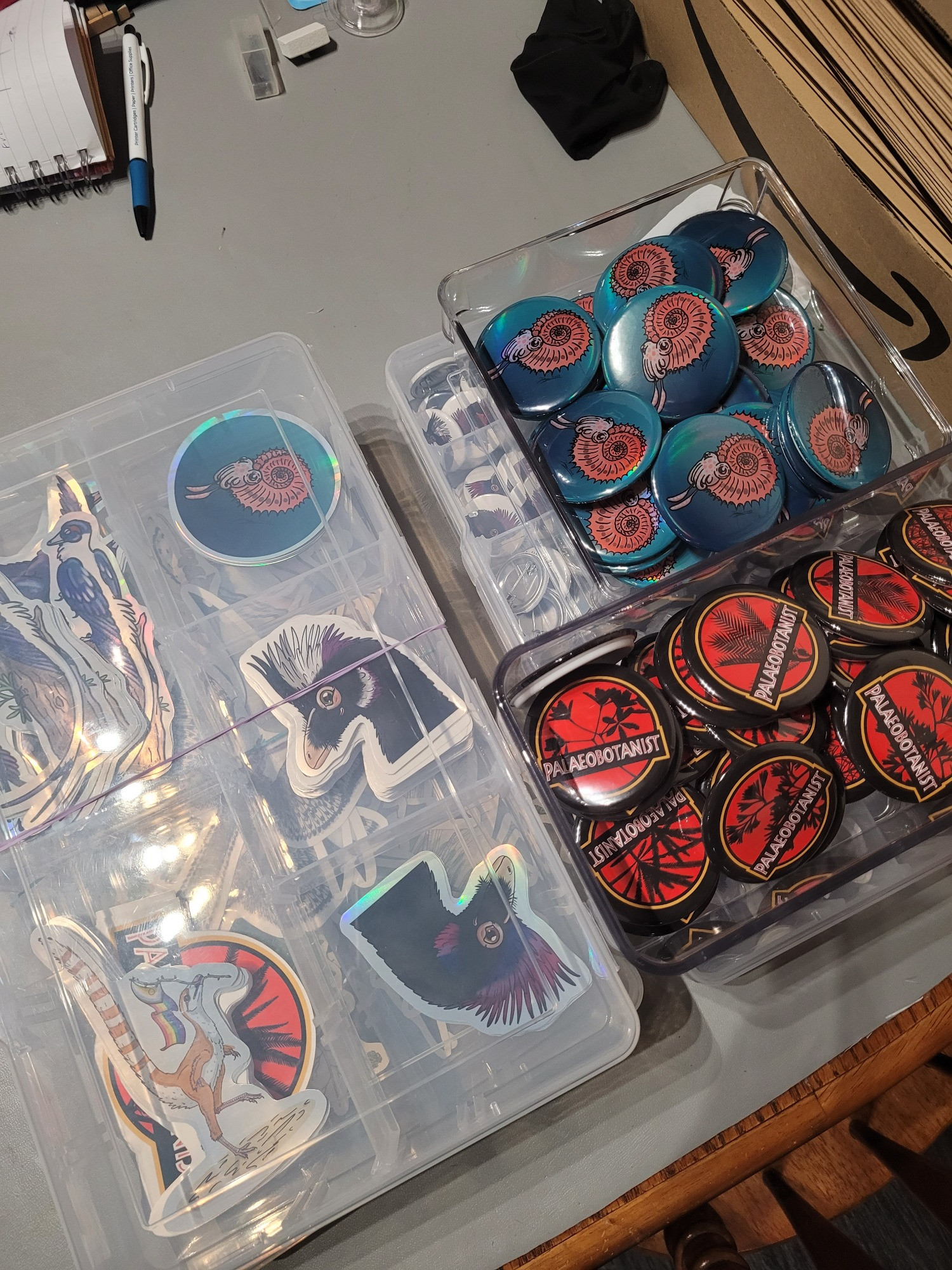 Stickers and badges all packed up