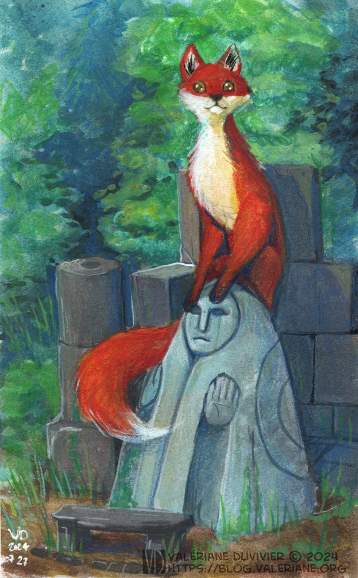 Gouache painting of a fox, sitting on a statue's head among ruins in the middle of a forest. The fox is looking straight at the viewer with big round golden eyes. Maybe it is smiling, maybe it is mocking the spectator, maybe it's just a fox.