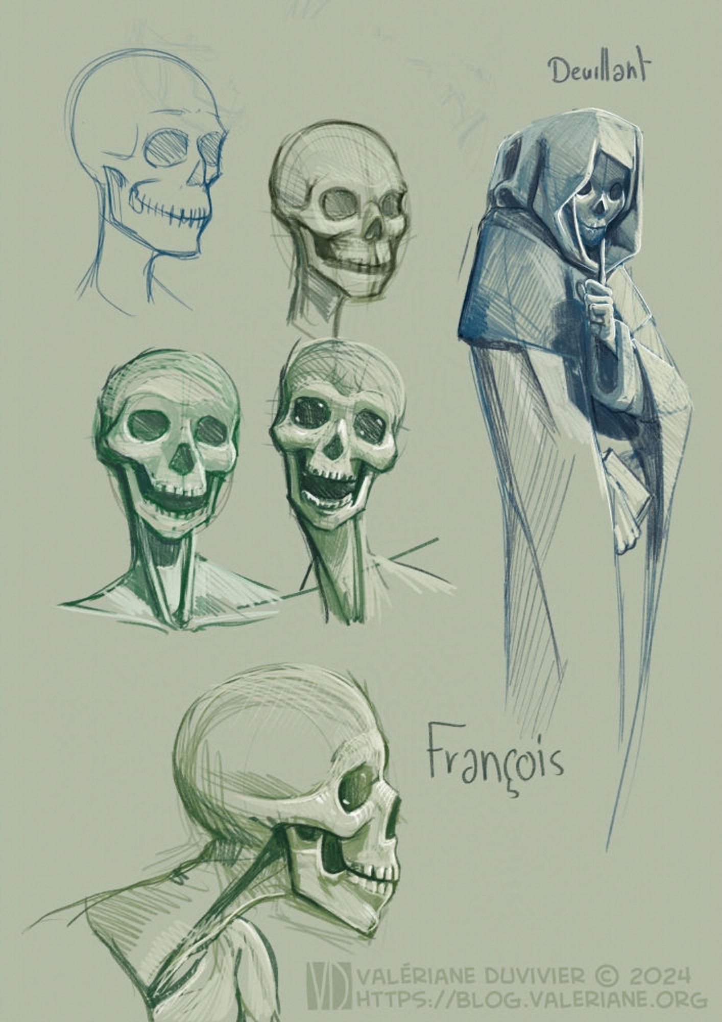 Sketches of skeleton heads, in search of a stylistic choice. There is four skulls with various expressions on the left, a near full skeleton dressed in a hooded robe, doing the silence gesture with a finger on its non existent lips (title The Mourner) and on the bottom, there is a skull in a side view with the name François next to it.