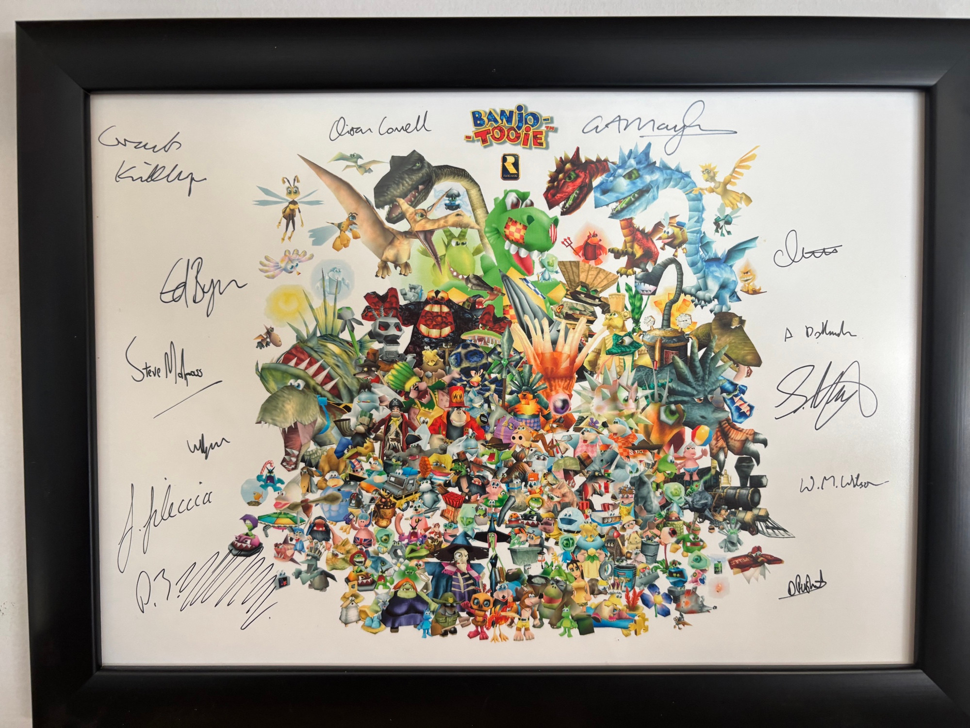 A framed montage of all the characters in Banjo-Tooie. Various developer signatures are around the characters!