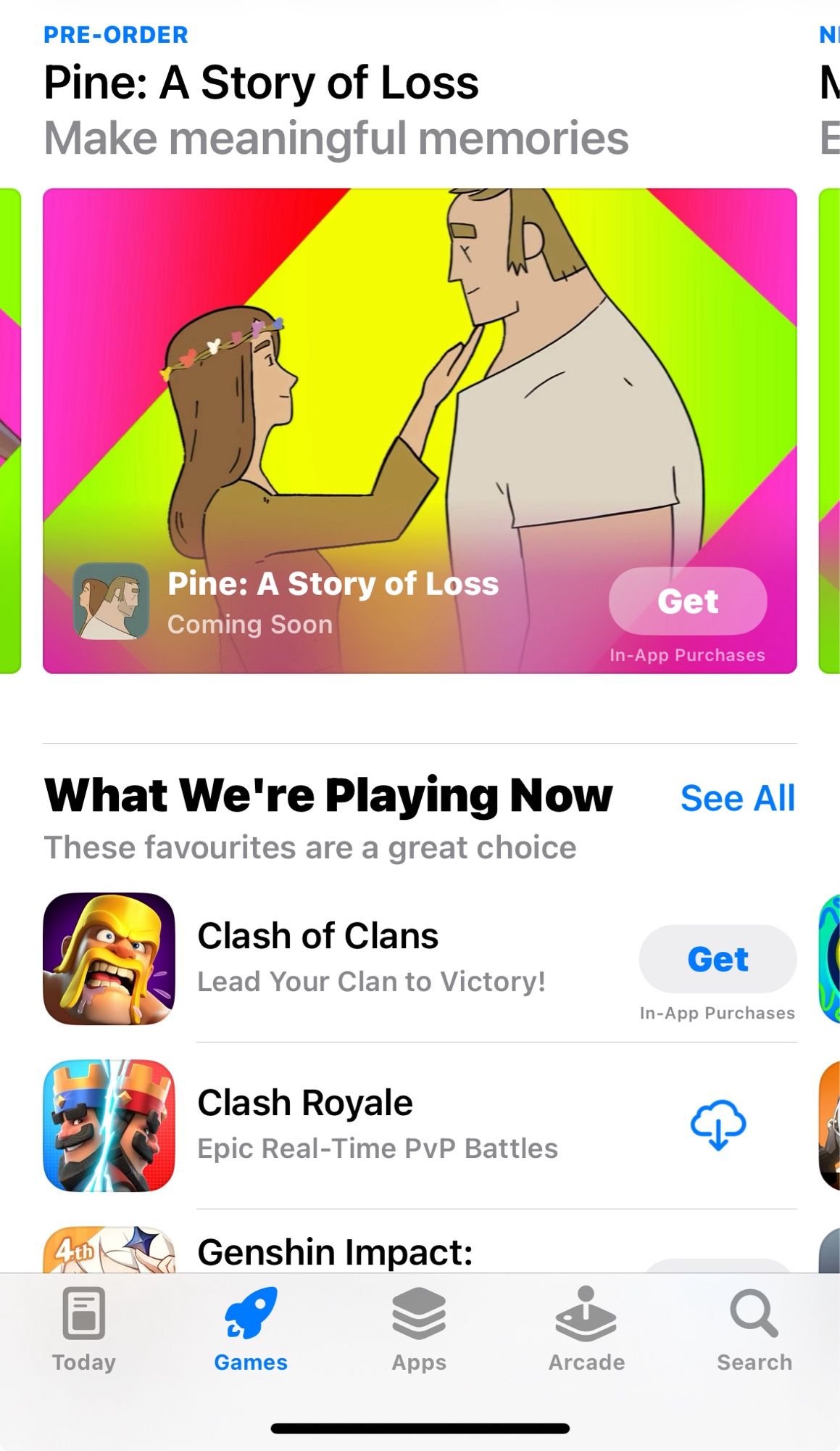 The iOS games page, with Pine: A Story of Loss featured