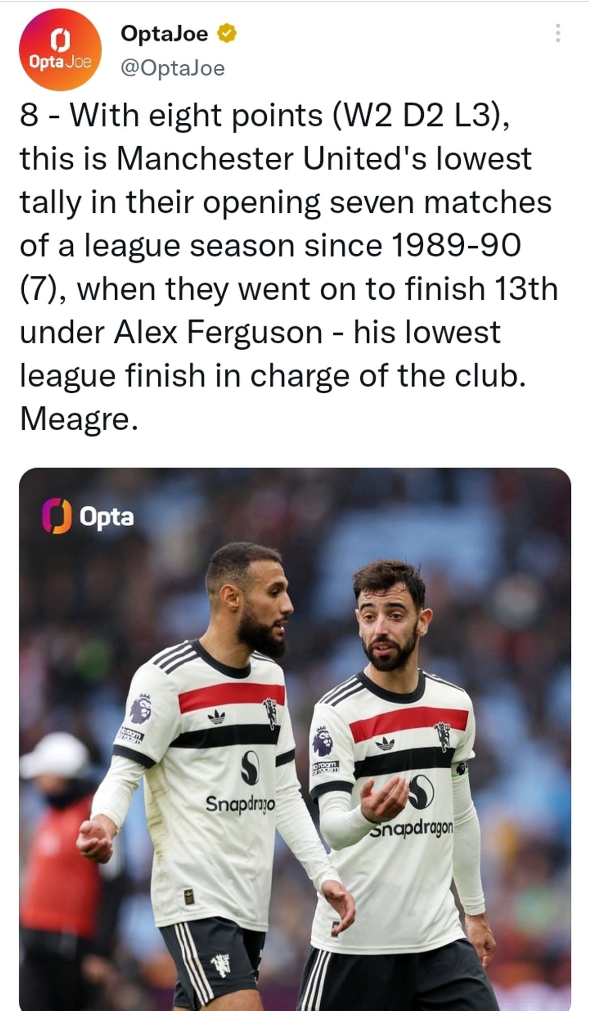 An Opta tweet saying: 8 - With eight points (W2 D2 L3), this is Manchester United's lowest tally in their opening seven matches of a league season since 1989-90 (7), when they went on to finish 13th under Alex Ferguson - his lowest league finish in charge of the club. Meagre.