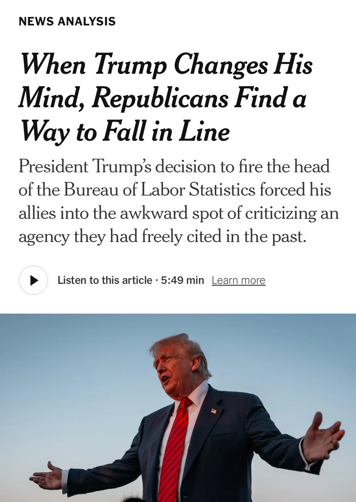 Screenshot NYT headline about dipshit Schlumpy changing his mind and the GOP goes along with him.