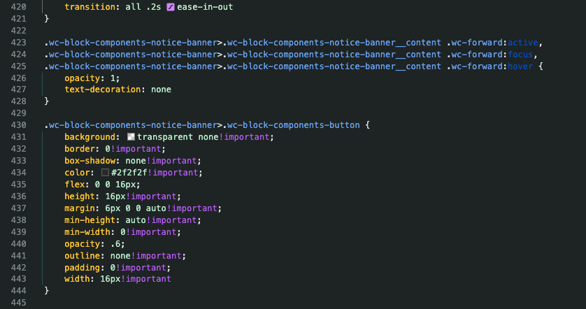 WooCommerce blocks CSS stylesheet with selectors like `.wc-block-components-notice-banner>.wc-block-components-notice-banner__content .wc-forward:active` and button styles with a dozen `!important` declarations on each property.