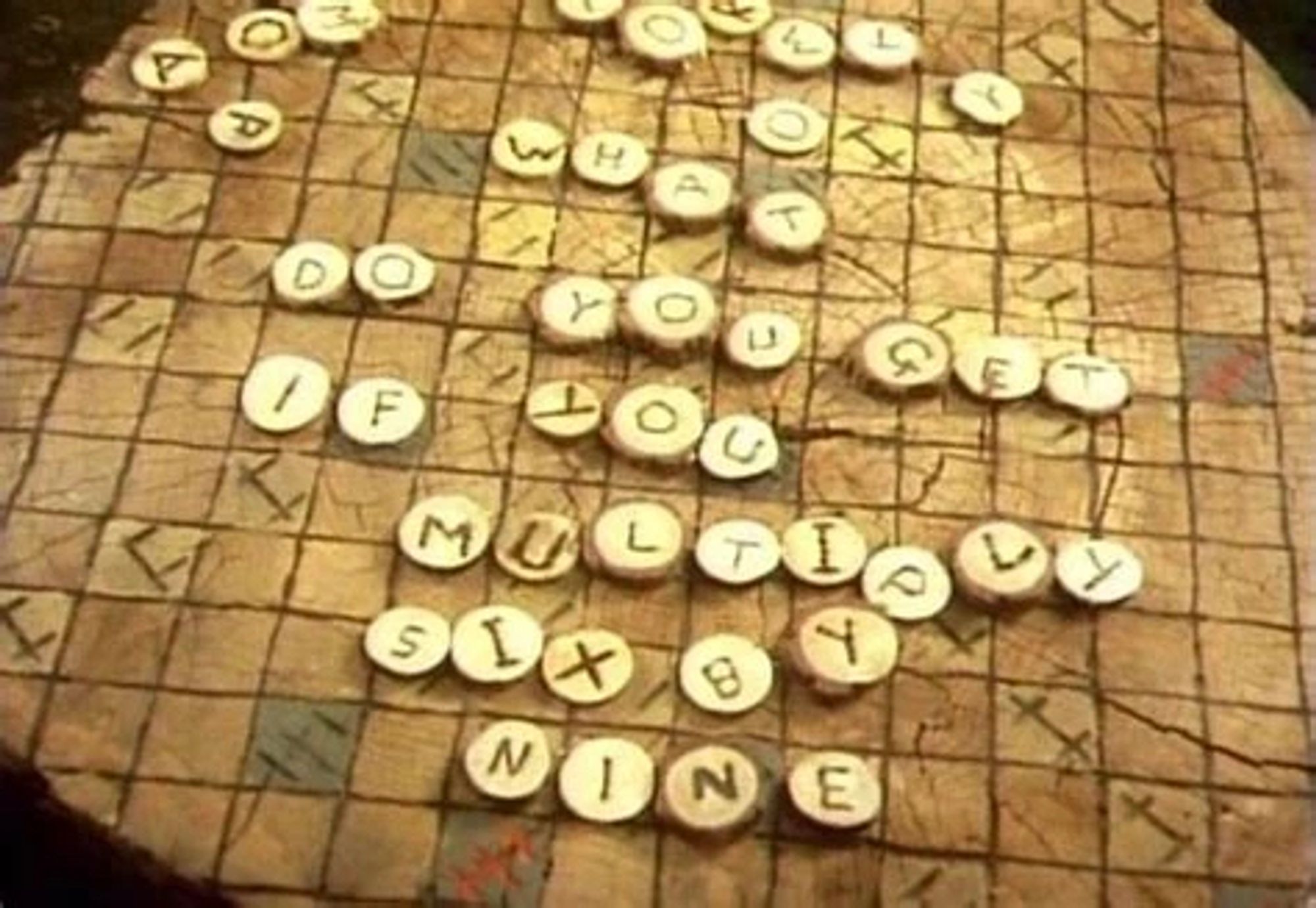 Hitchhiker’s Guide to the Universe Scrabble board, showing The Question (to life, the universe and everything)