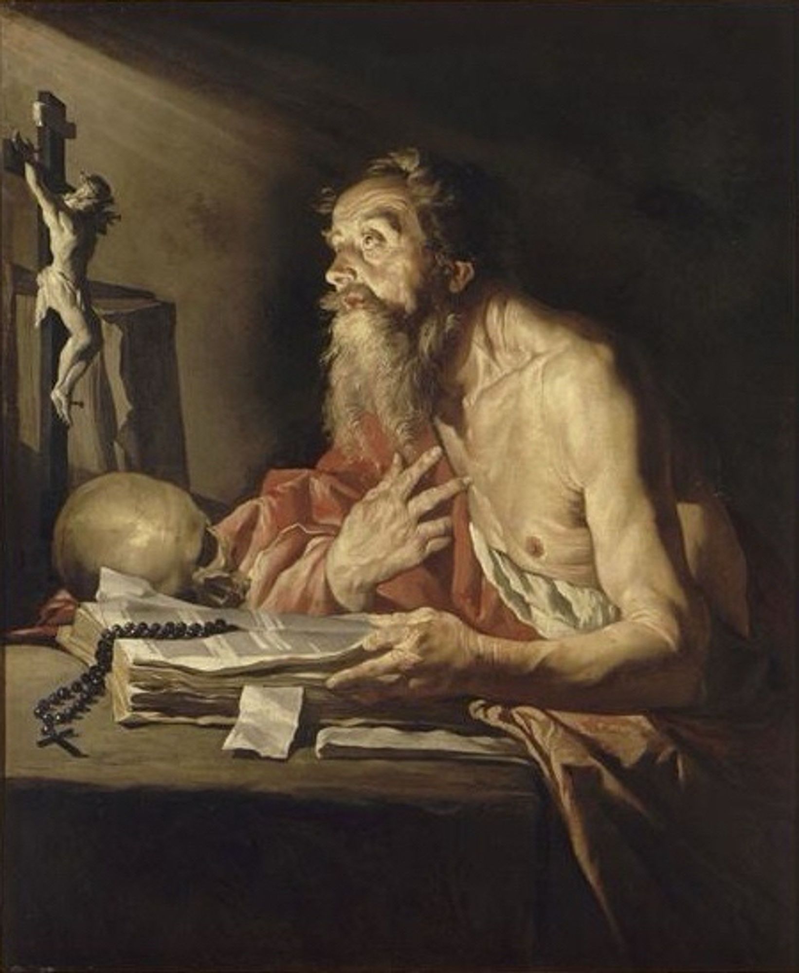 Saint Jerome (c. 1635). Oil on canvas, Musee des Beaux Arts de Nantes, France

An old, fair-skinned man with facial hair looking at a Crucifix with a book (bible?) in his hand. He’s wearing a sort of toga-like garment, one nipple exposed.