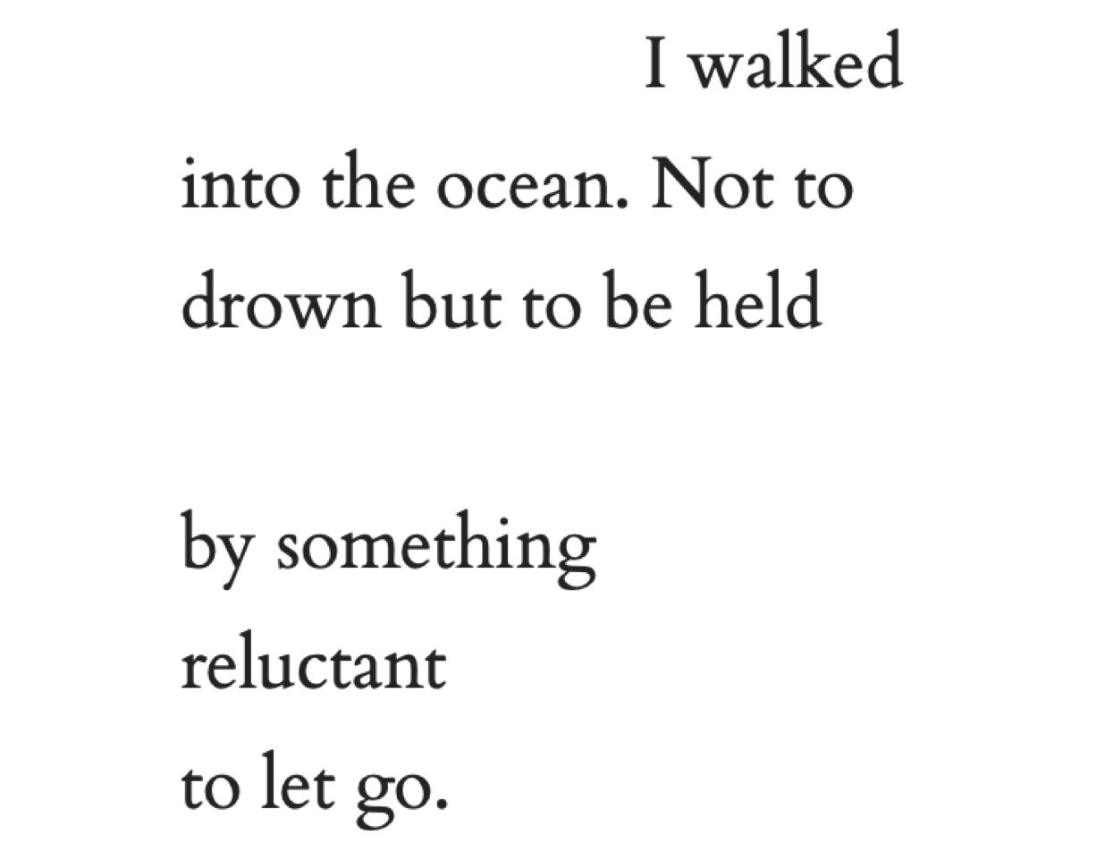 I walked
into the ocean. Not to 
drown but to be held

by something 
reluctant
to let go.