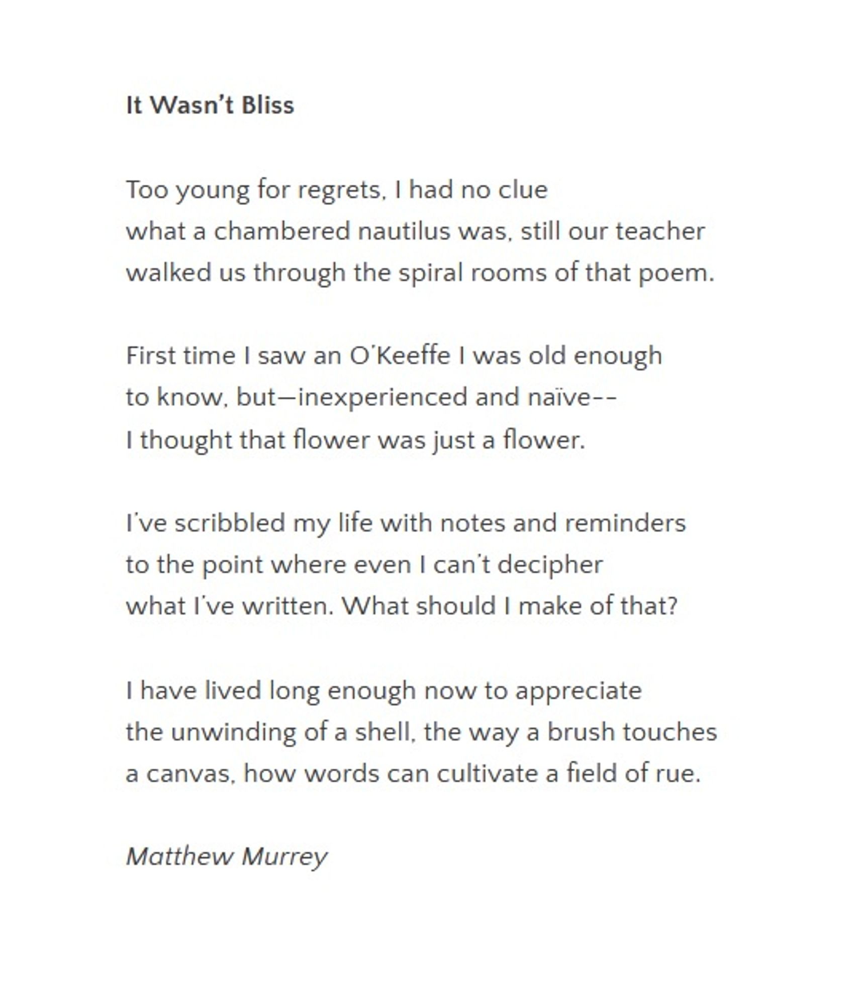 Wasn’t Bliss

Too young for regrets, I had no clue 
what a chambered nautilus was, still our teacher
walked us through the spiral rooms of that poem.
 
First time I saw an O’Keeffe I was old enough
to know, but—inexperienced and naïve--
I thought that flower was just a flower.
 
I’ve scribbled my life with notes and reminders 
to the point where even I can’t decipher 
what I’ve written. What should I make of that?
 
I have lived long enough now to appreciate 
the unwinding of a shell, the way a brush touches 
a canvas, how words can cultivate a field of rue.

Matthew Murrey