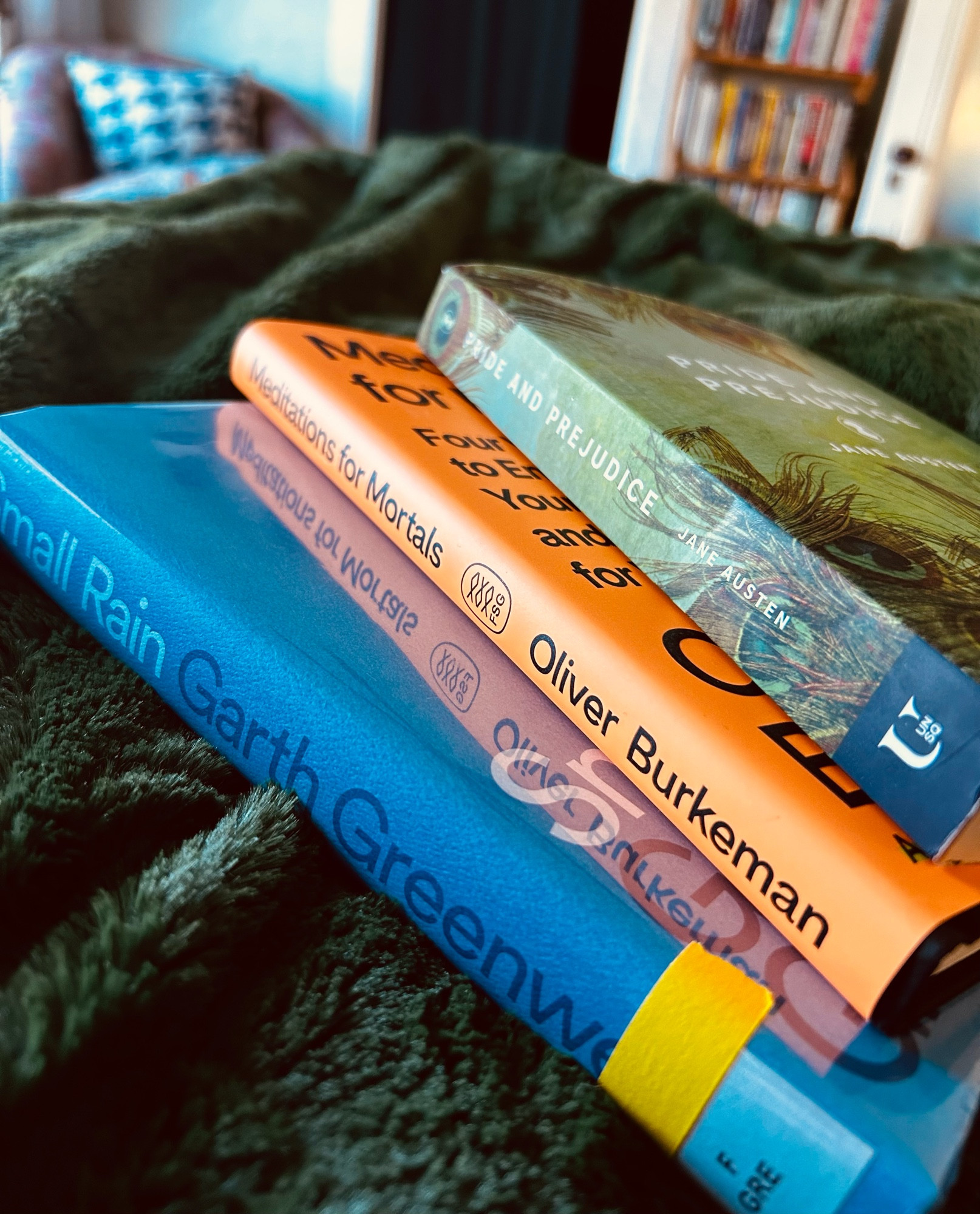 A stack of the three books on a plush evergreen blanket.