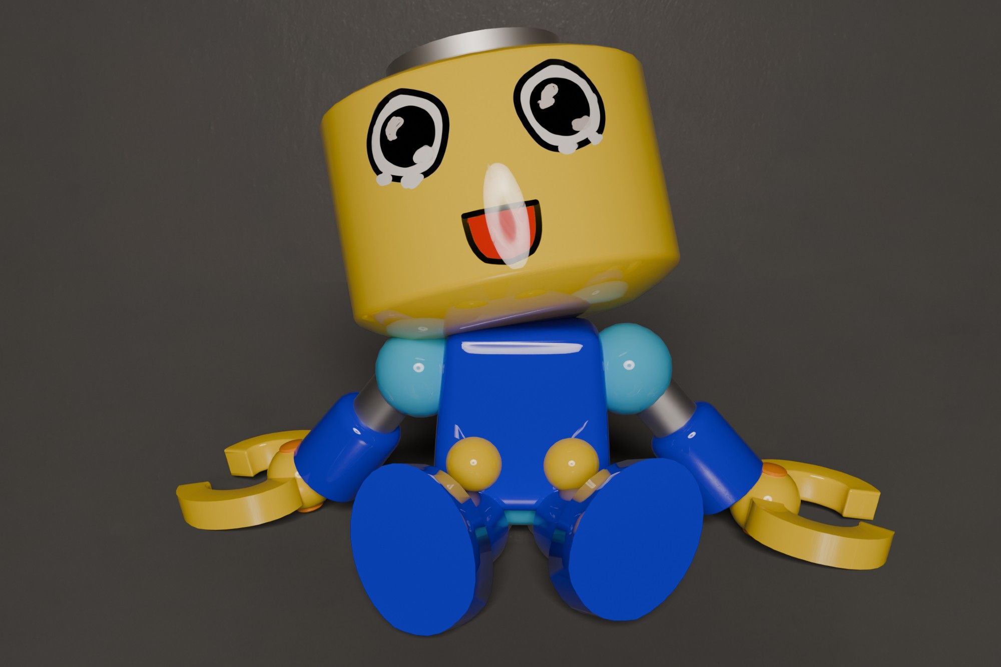 Servbot sitting on the ground crying. A servbot is a blue and yellow robot with a cylindrical head kind of like a squished lego. The have a blue torso with yellow bolt things in it and two yellow clamp hands