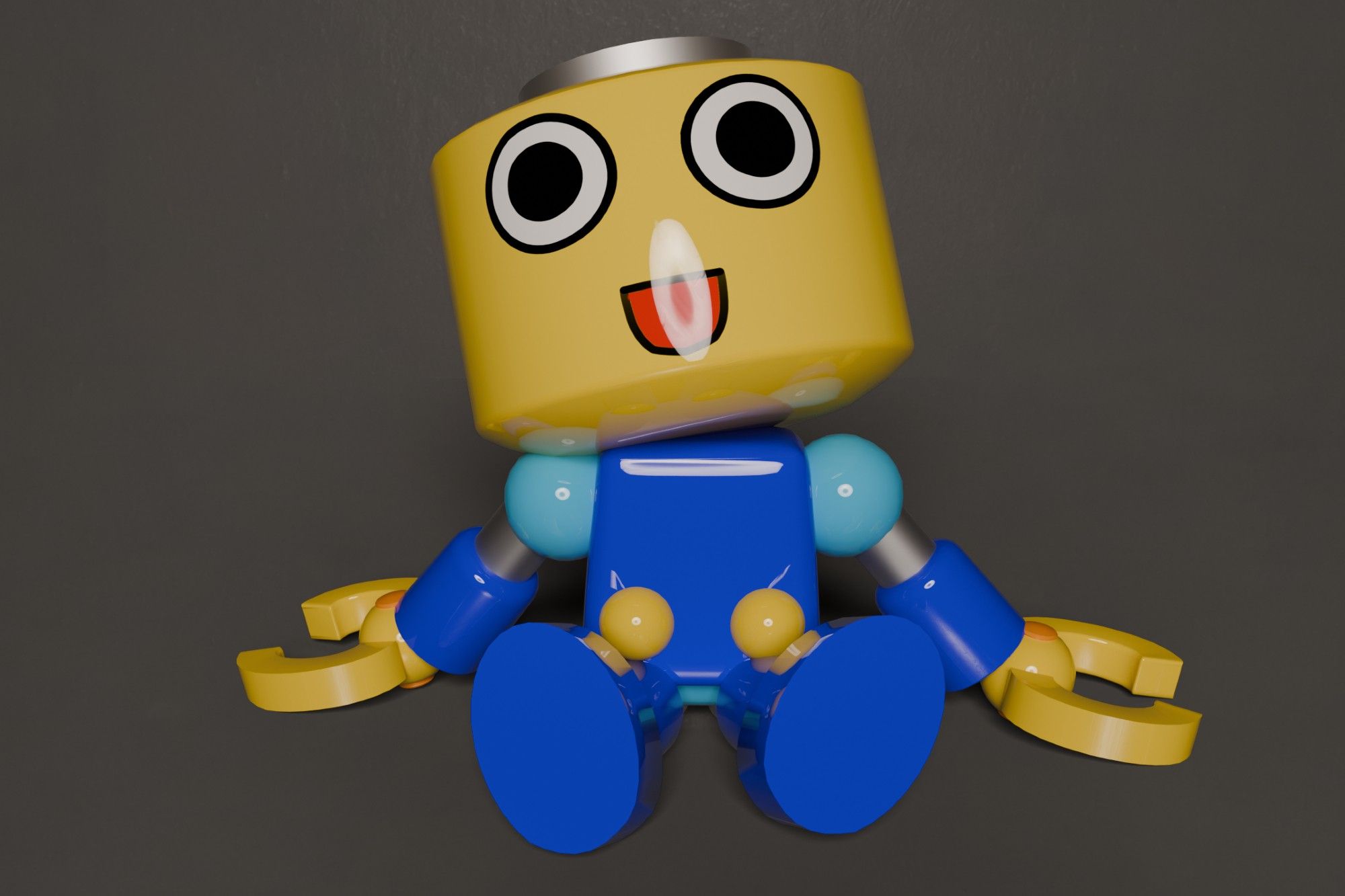 Servbot sitting on the ground but not crying. A servbot is a blue and yellow robot with a cylindrical head kind of like a squished lego. The have a blue torso with yellow bolt things in it and two yellow clamp hands