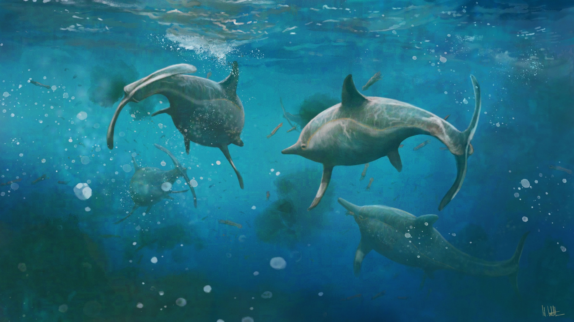 A barrage of fish-shaped reptiles dive into water spotted with clouds of ink fired from their squid-like prey. Both reptiles and cephalopods dart this way and that, one ichthyosaur catching the surface of the water with its dorsal fin.