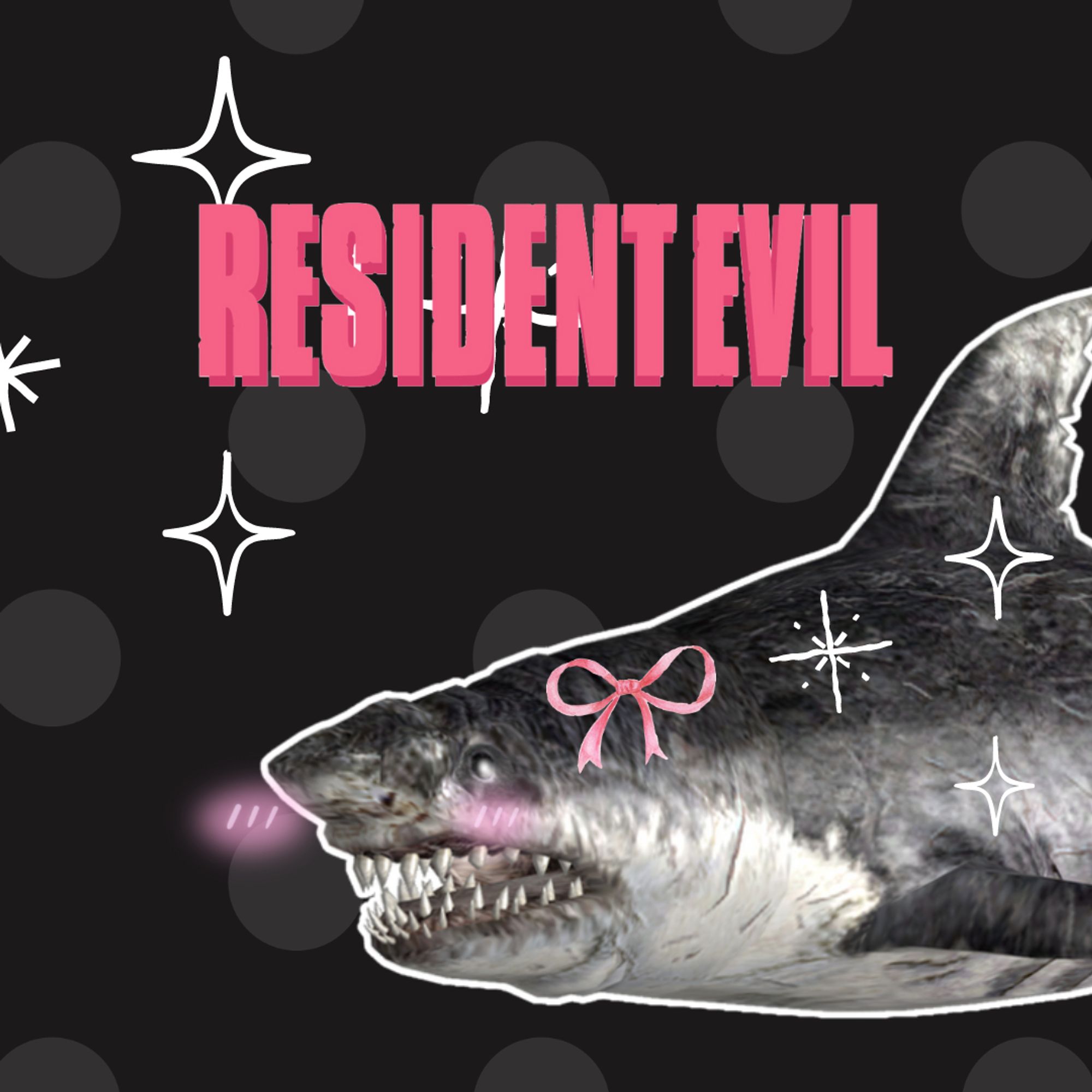 a graphic with a polka dot background and the resident evil title on the top. there is a png of a zombie great white shark wearing a pink ribbon an blushing.