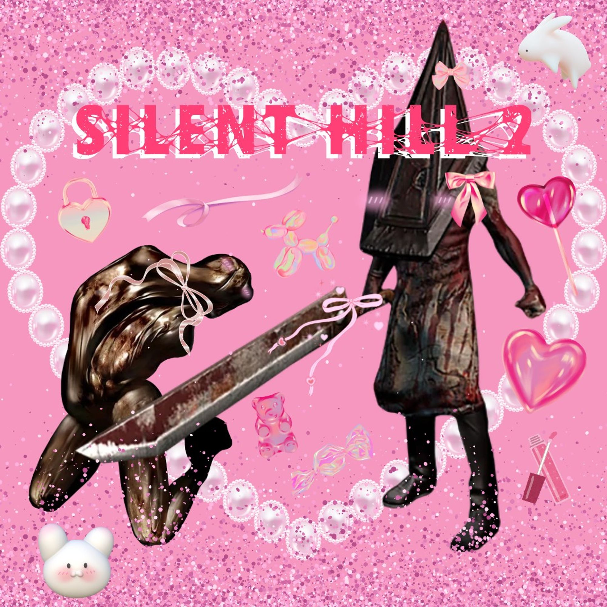 A graphic with a lot of pink items: hearts, heart shaped locks, lipgloss, ribbons, candy, and white rabbits. the title of silent hill 2 is in pink and the pyramid heat is blushing beside it while framed in a heart made of white pearls.