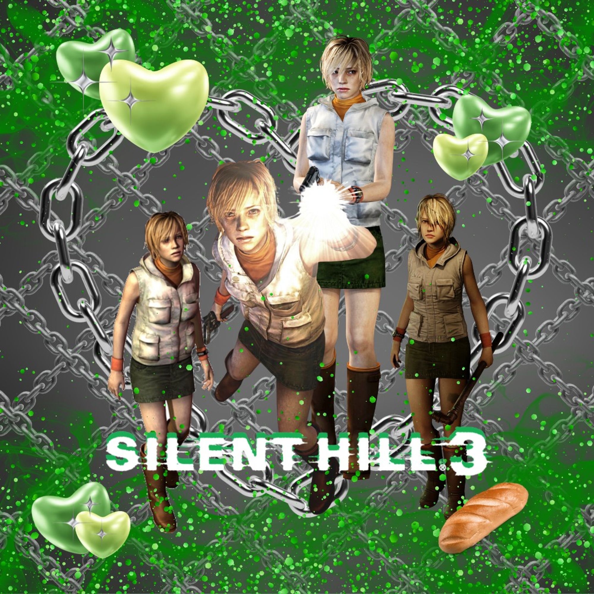 a graphic showing 4 images of the main character heather from silent hill 3. she's surrounded by green hearts, flames, sparkles, and framed by a metallic silver chain heart. there is a silver chainlink fence behind her. and a loaf of bread in the bottom right corner.