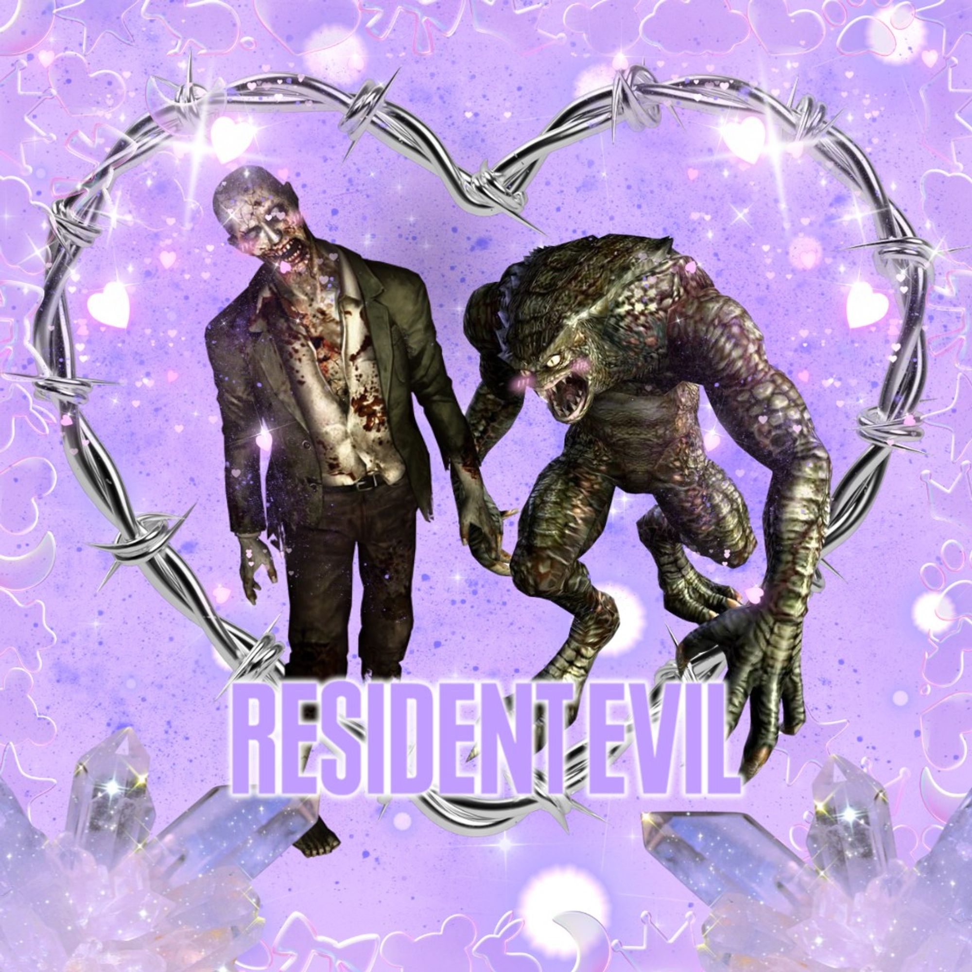 A graphic for nyreen's resident evil stream. there is a zombie and hunter holding hands and blushing. they are both surrounded by crystals, bubble hearts, bears, paws, and moons, sparkles, and framed by a metallic barb wire heart.