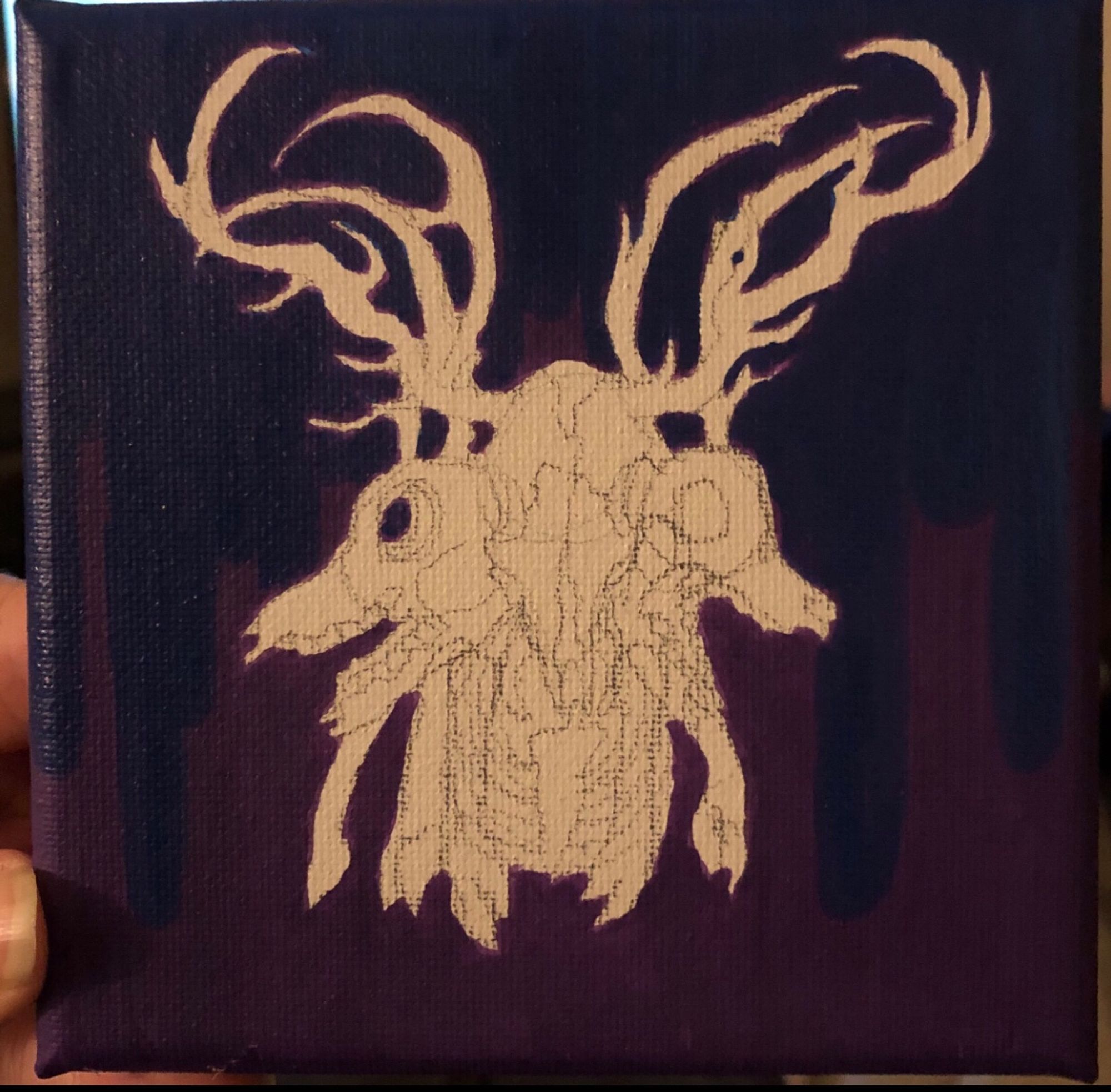 A abstract painting of a three headed skeletal deer