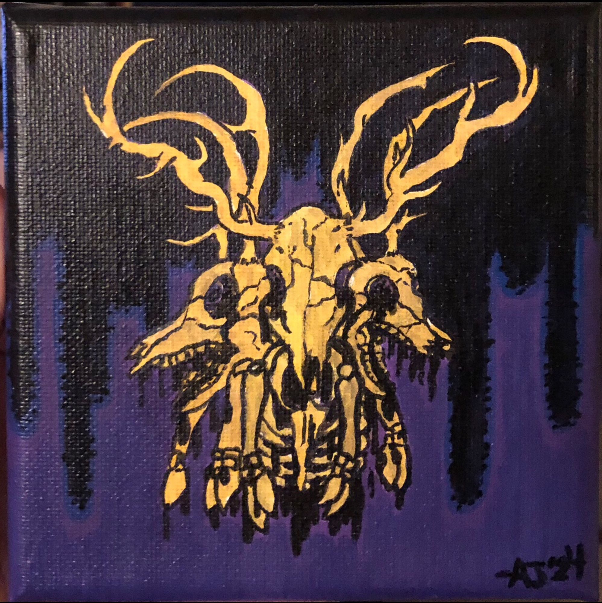 A small painting of an amalgamation of three deer skeletons that seem to be dripping with a thick dark liquid which can be seen in the background behind it