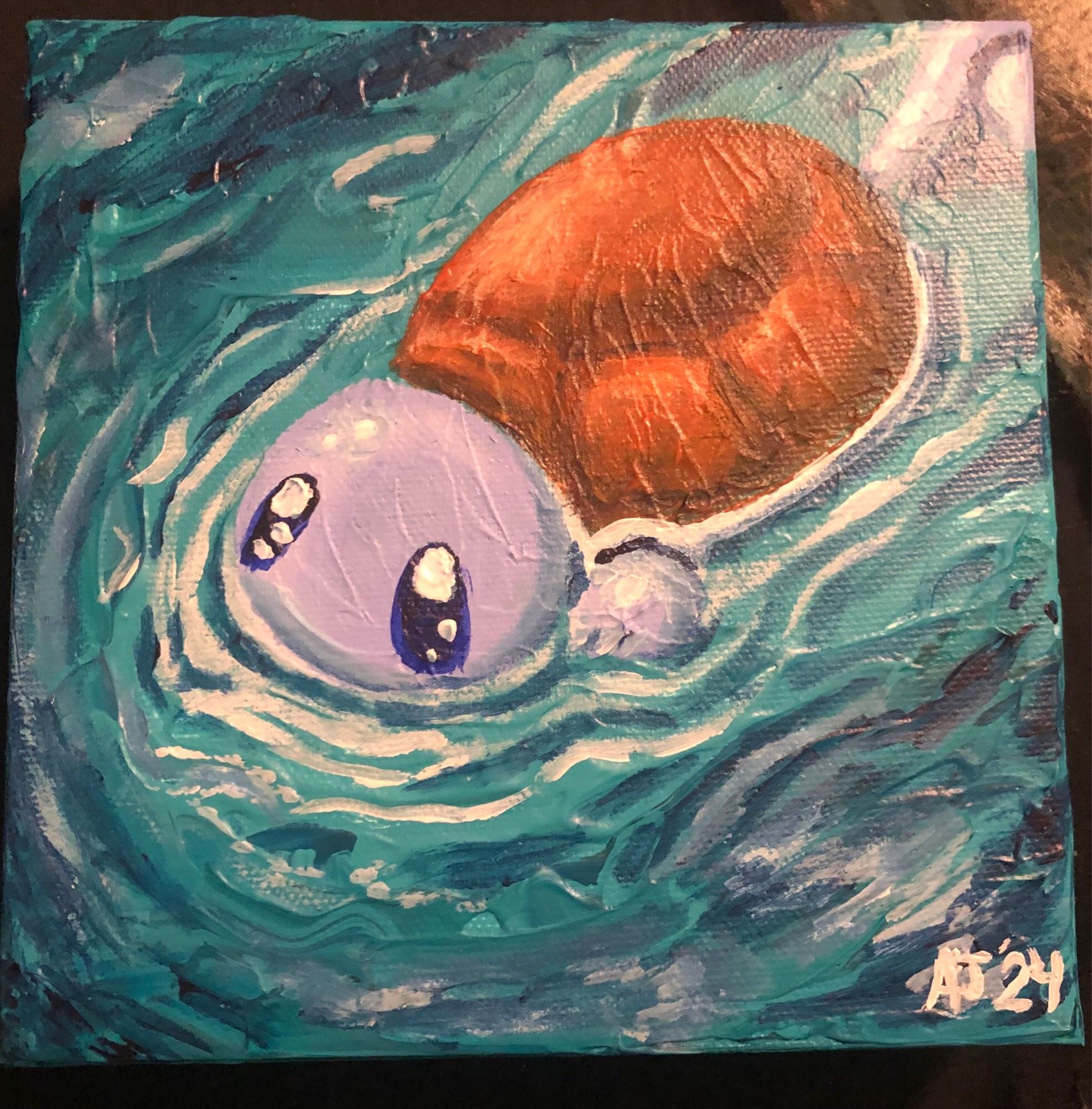 An acrylic painting of squirtle swimming in very blue water