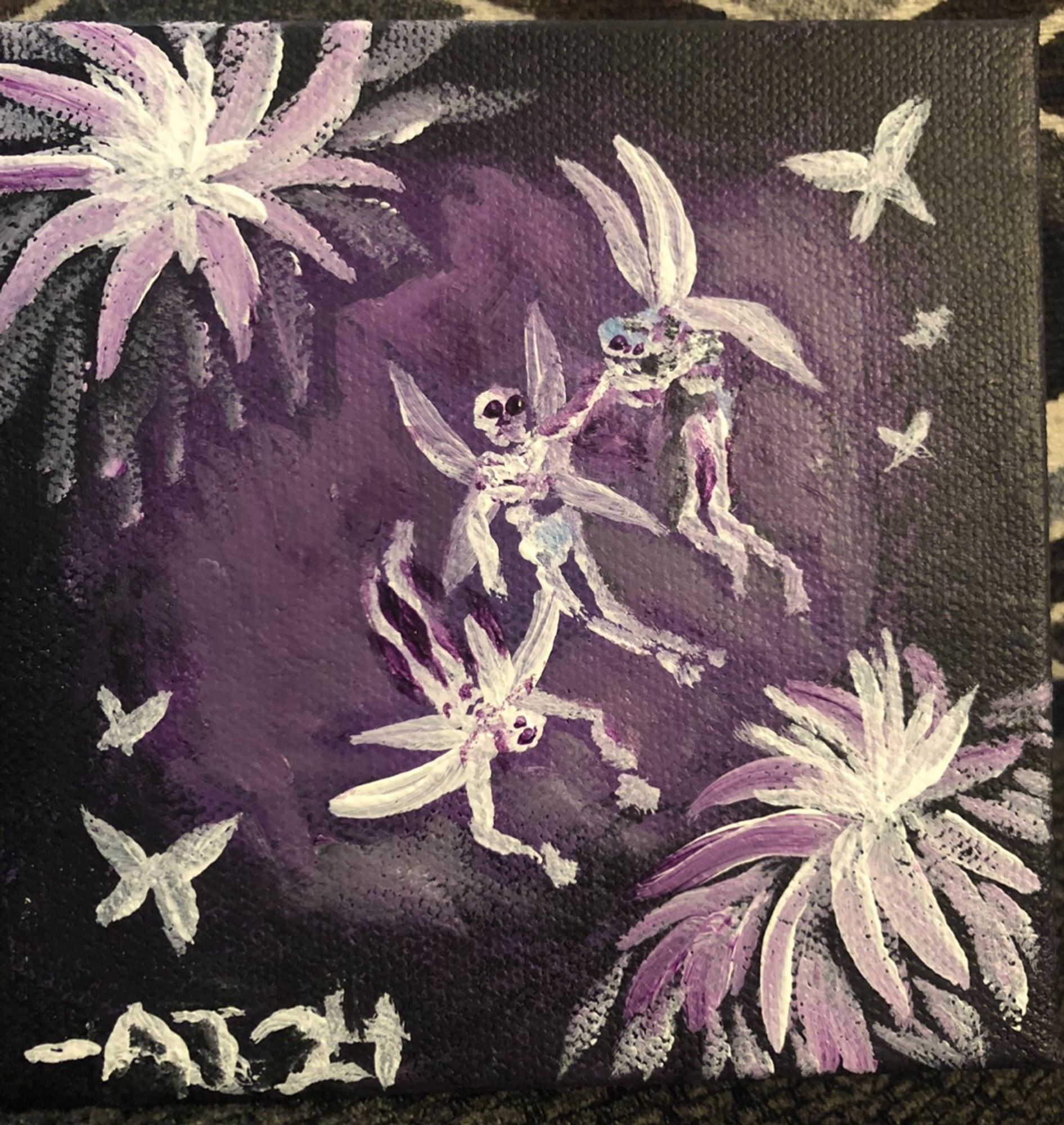 An abstract painting of skeletal pixies flying amongst purple flowers