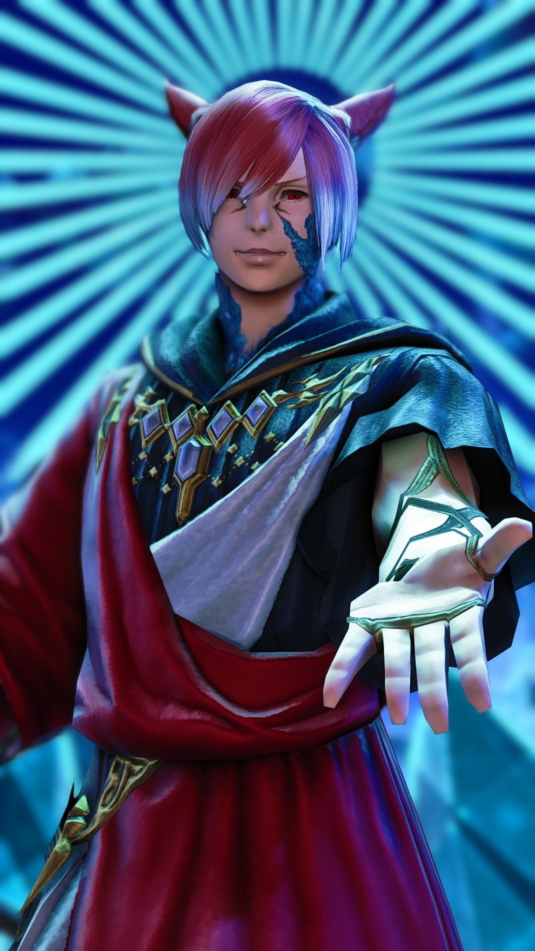 G’raha Tia as the exarch backlit by a crystal blue halo reaching his hand towards the viewer 