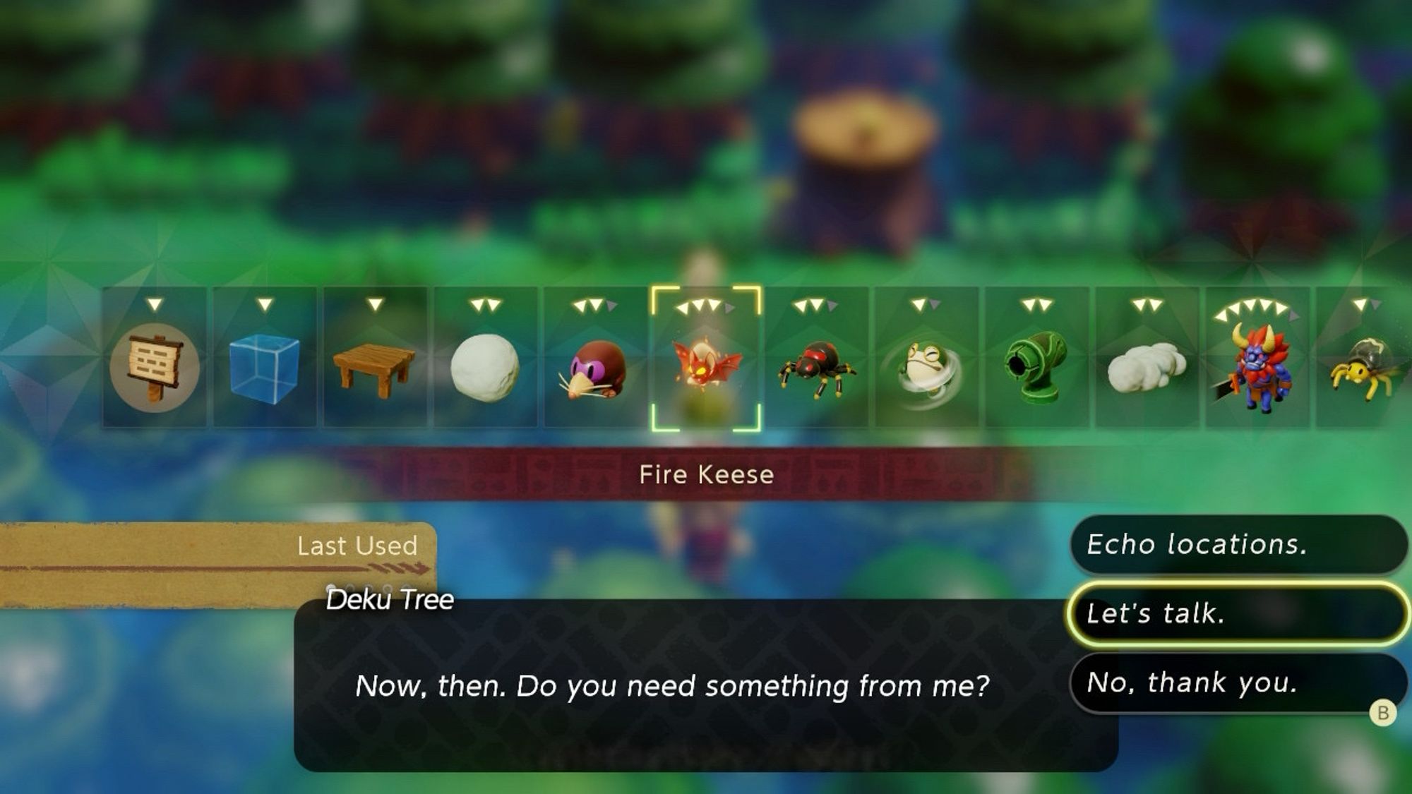 Zelda talks to the Deku Tree with the menu open