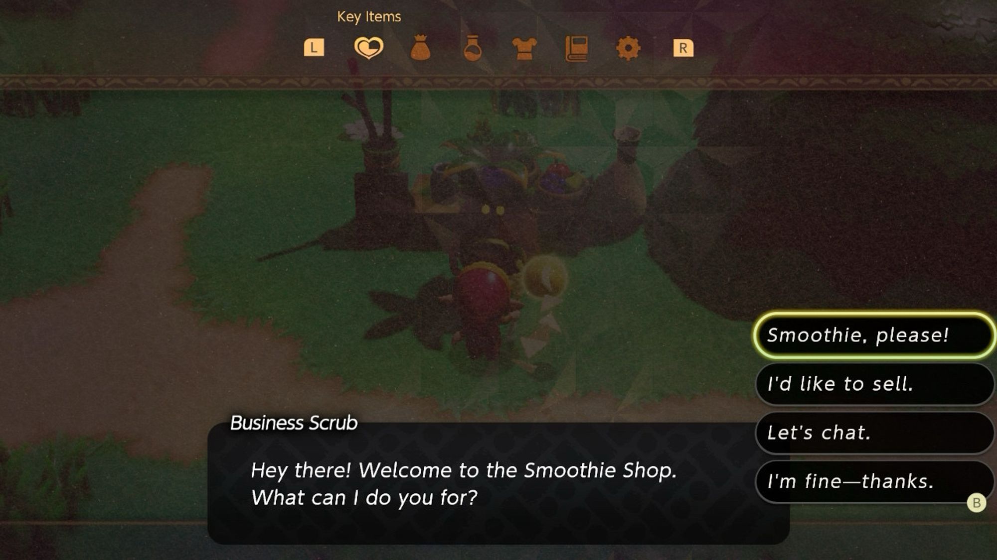 Zelda makes a smoothie with the pause menu up