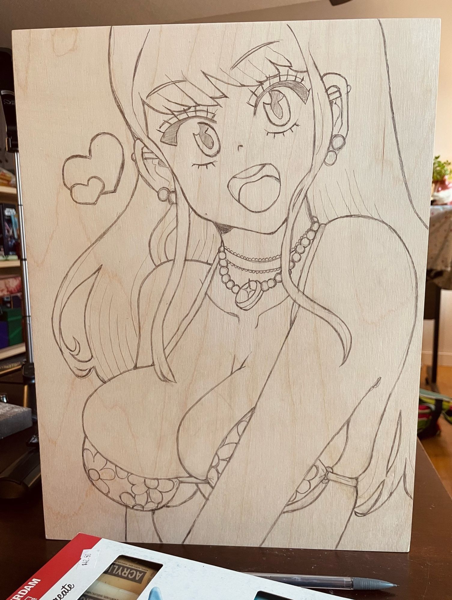 photograph of a wood panel with a pencil drawing of a boobly woman wearing a floral bikini that doesn't fit great