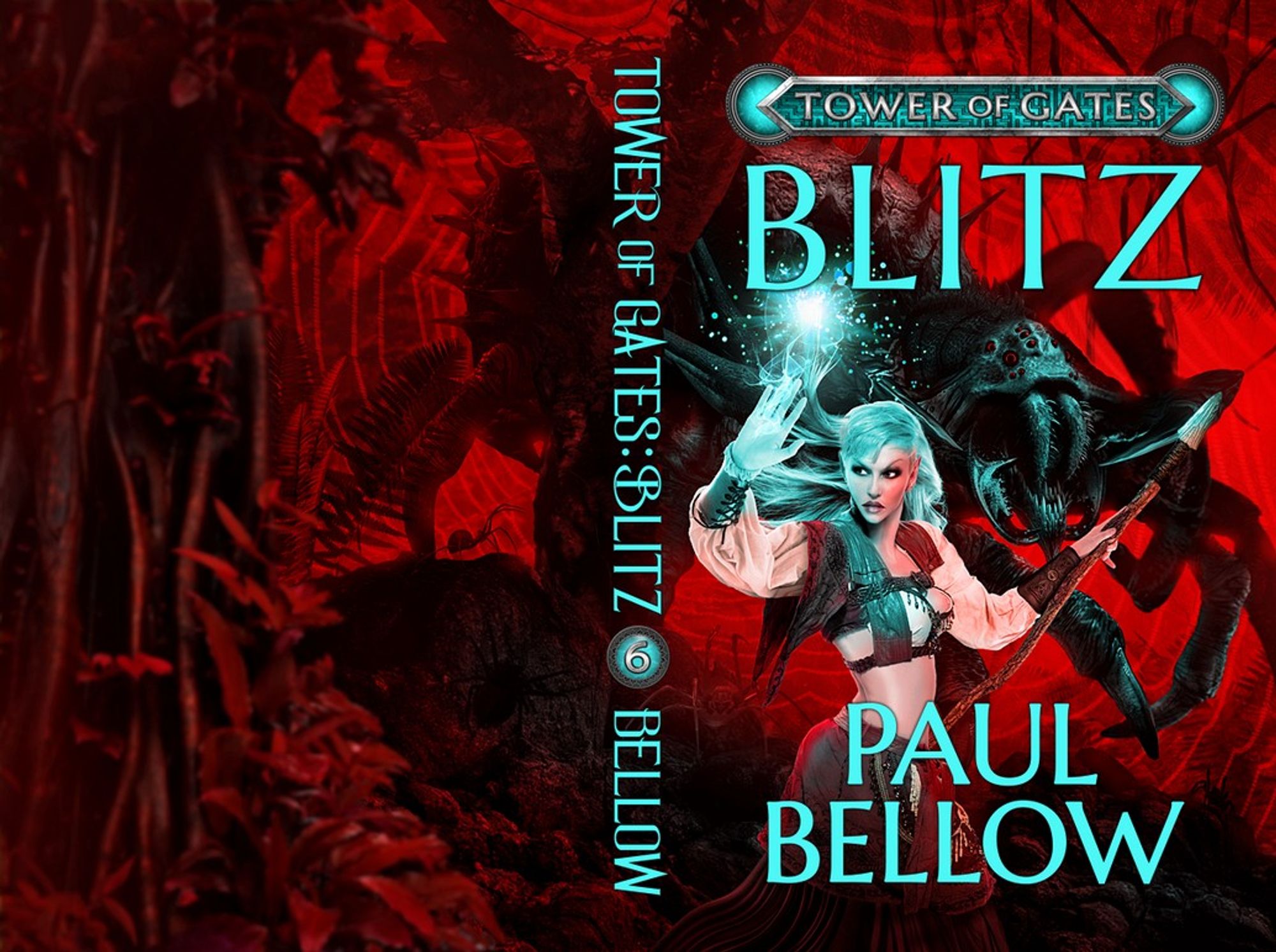 Fantasy book cover with an elfin woman being stalked by a giant spide.