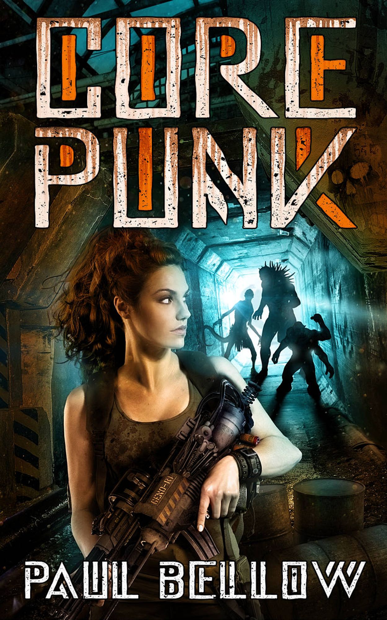 Book cover for "Core Punk" with a woman in a tunnel, she's holding a futuristic gun and is turning to confront a trio of mutants.