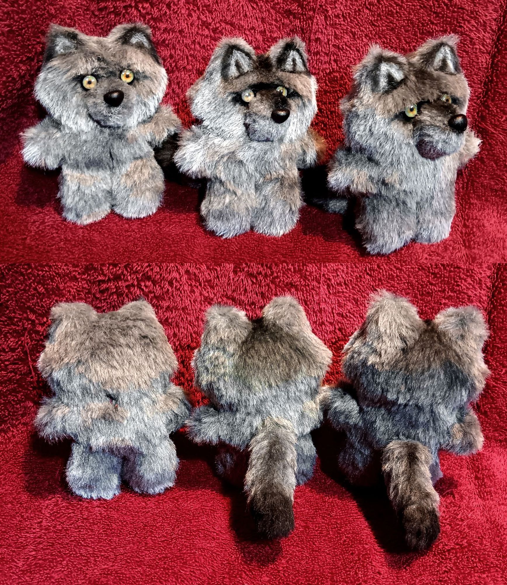 Three handmade small stuffed werewolf toys with worried expressions