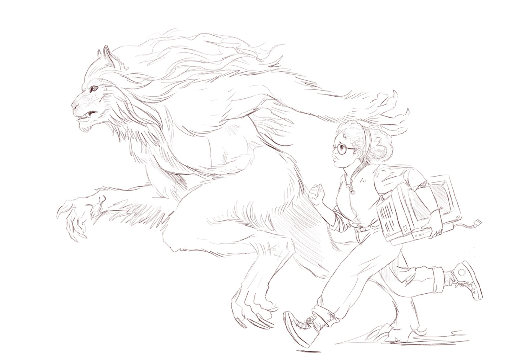 Digital pencil sketch of a young woman in a jumpsuit with an old crt computer monitor tucked under he arm running next to a large female werewolf with a flowing mane and a serious expression.