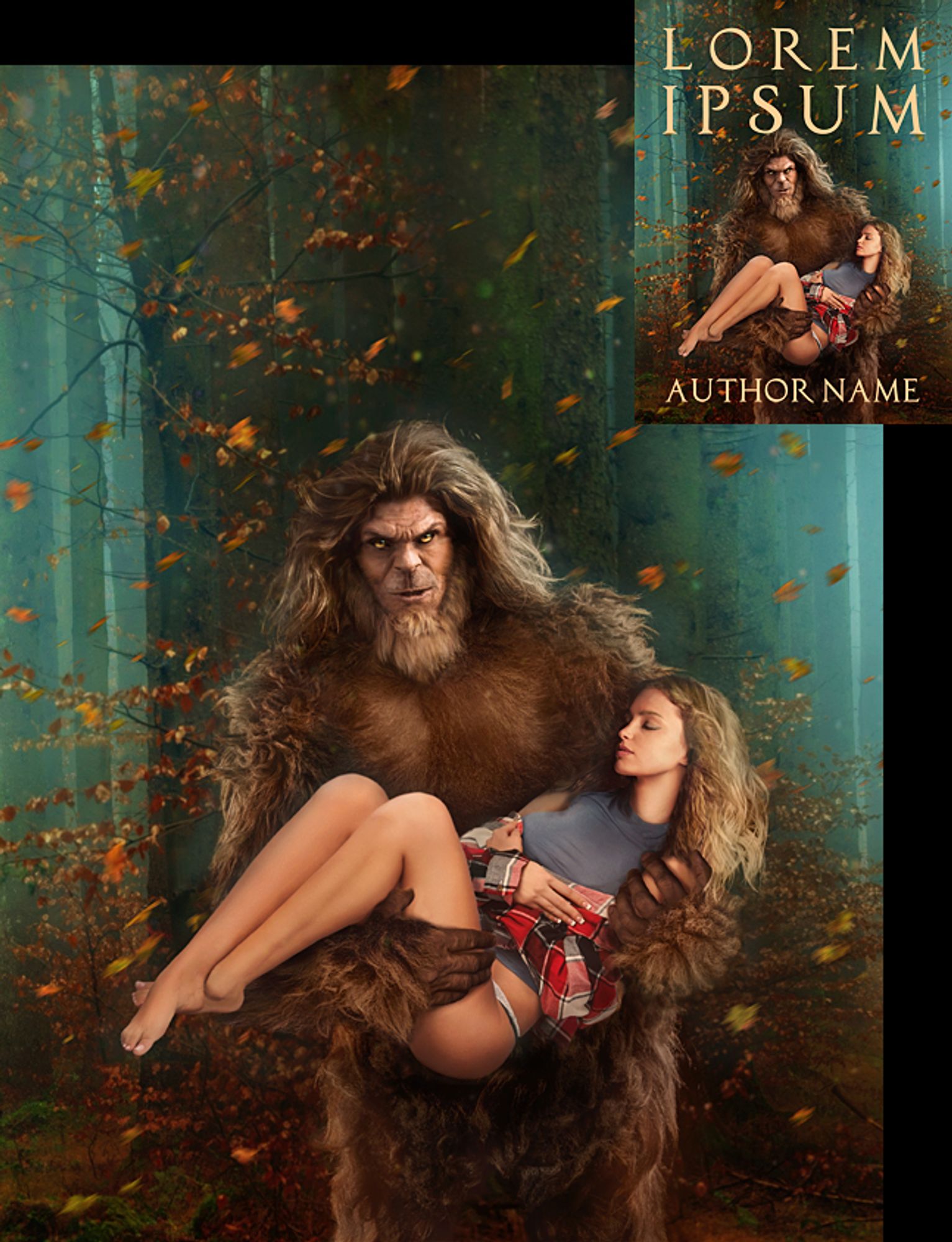 A hunky sasquatch carries an unconscious woman through the woods.