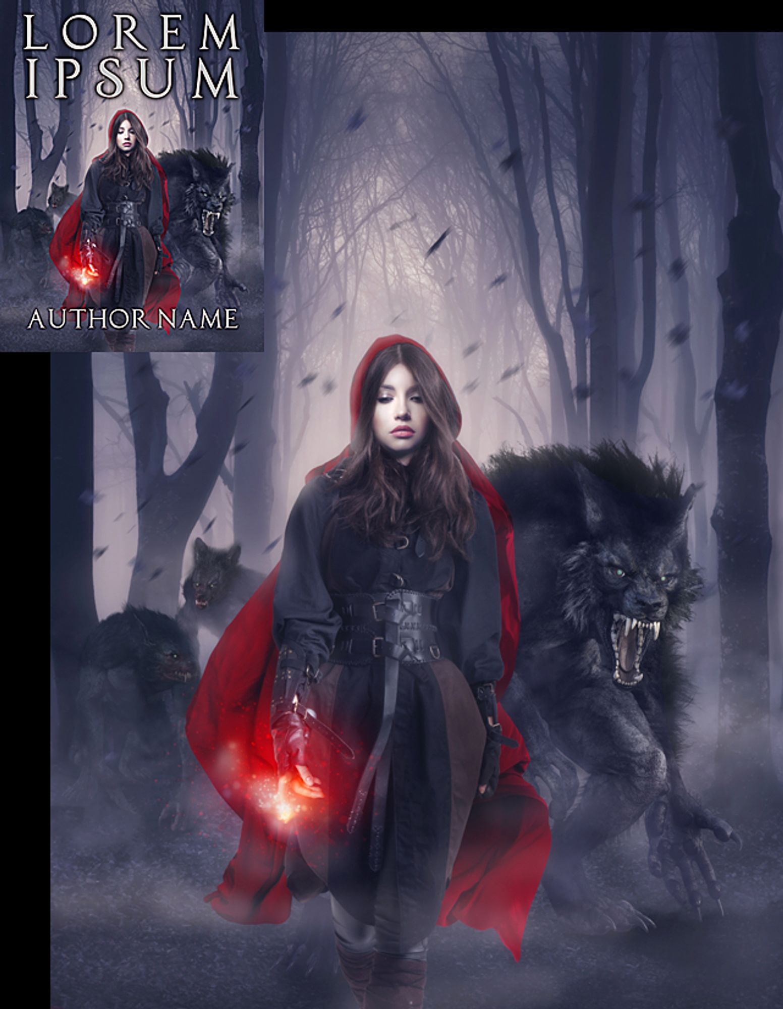 A woman in a red riding hood cloak carries a magical lantern through a misty woods full of snarling werewolves.