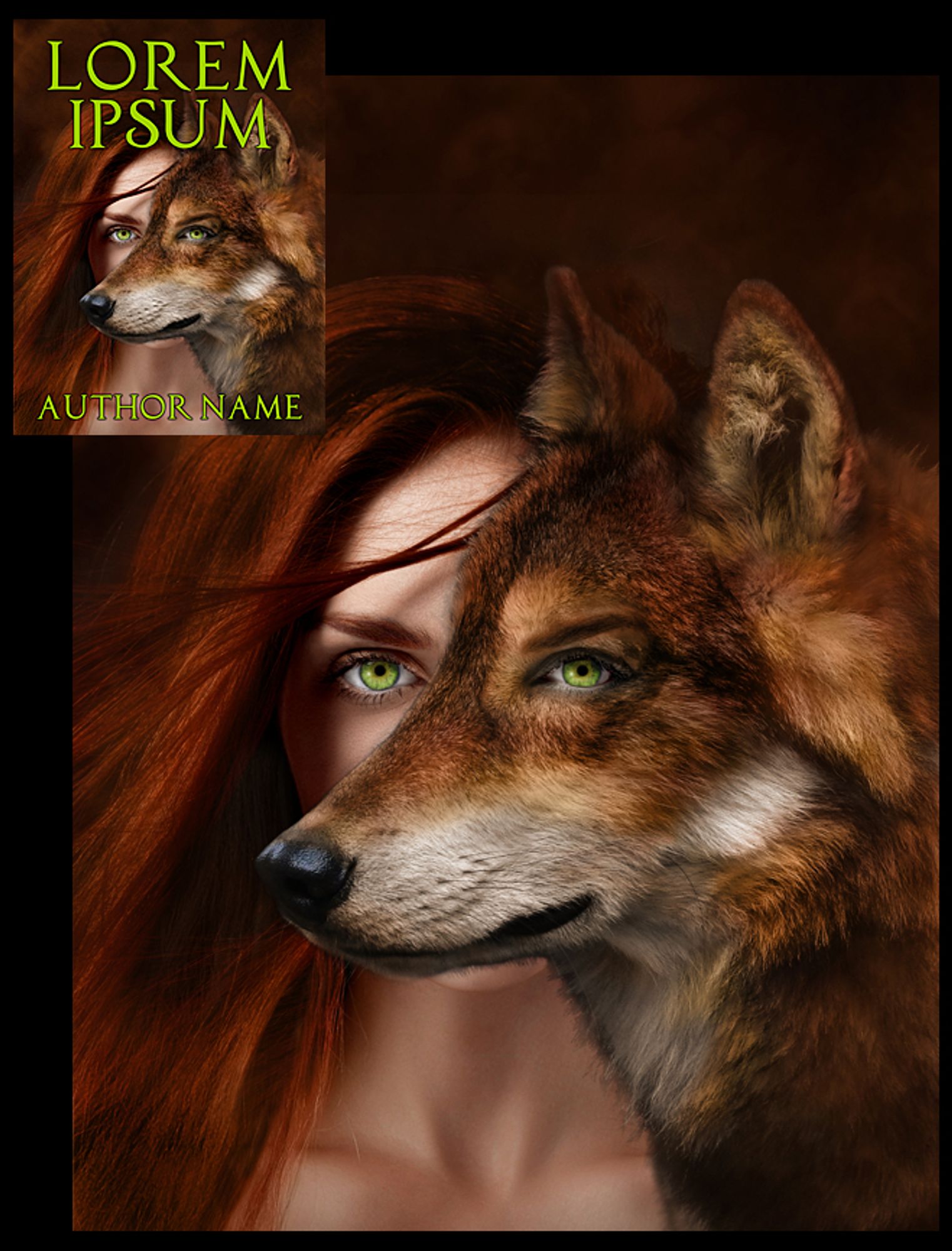 A young woman with vibrant green eyes is partically obscure by the face of a wolf with the same eyes.