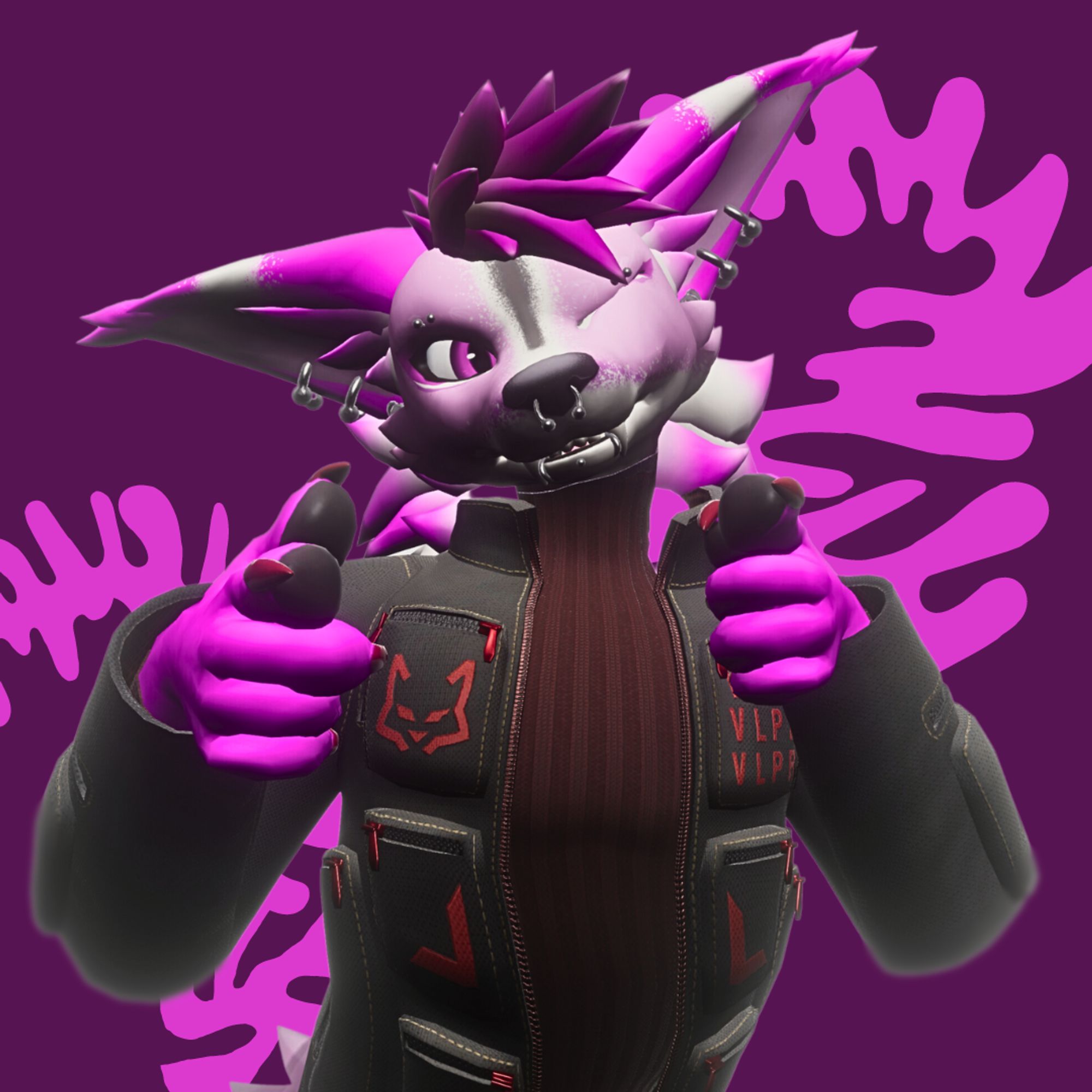 edited image with purple/pink background design with a pink and white fox in the foreground pointing finger guns grinning at the camera