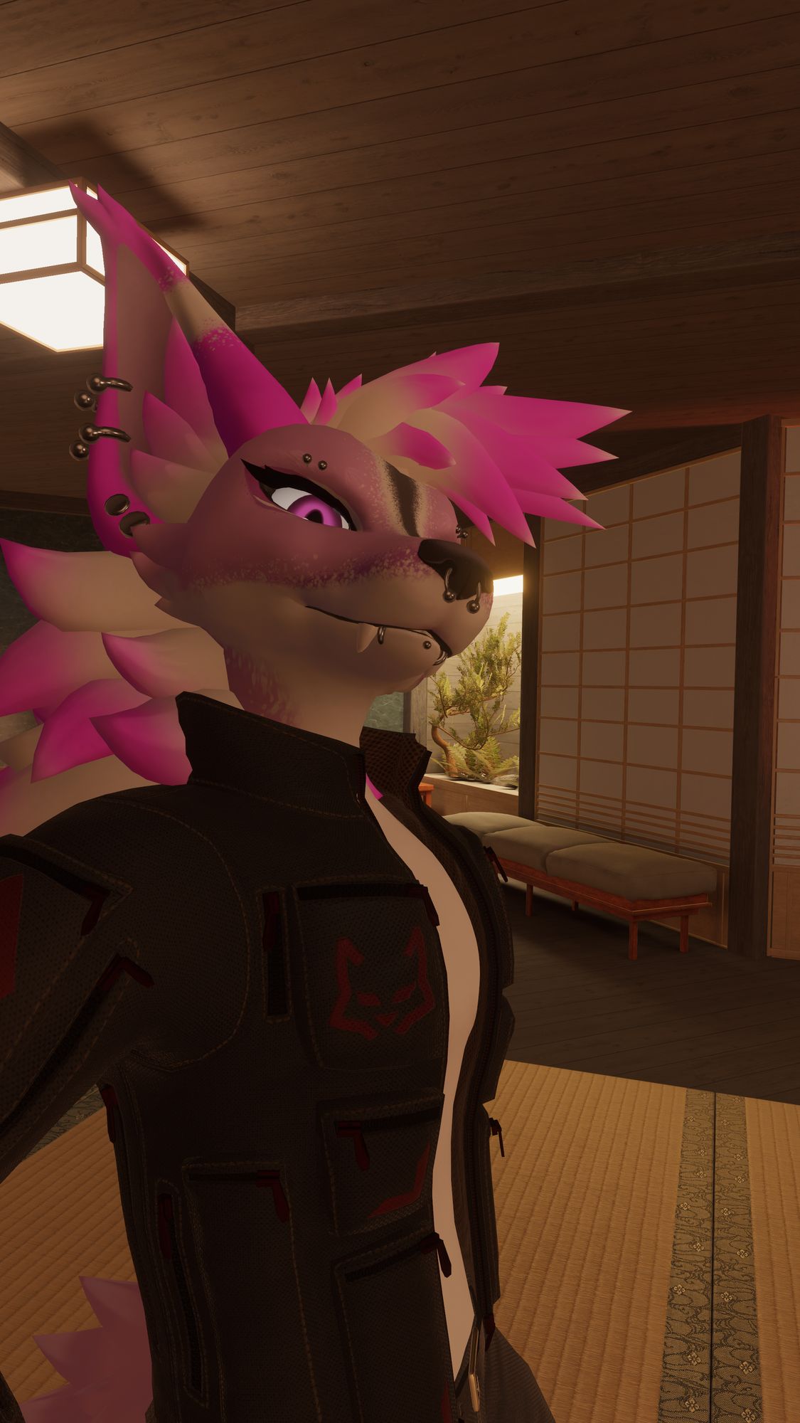 pink and white fox with piercings on nose, lips, and eyes. A black jacket with the cyberfurz logo on it. the fox is looking at the camera in a way of judgemental attitude.