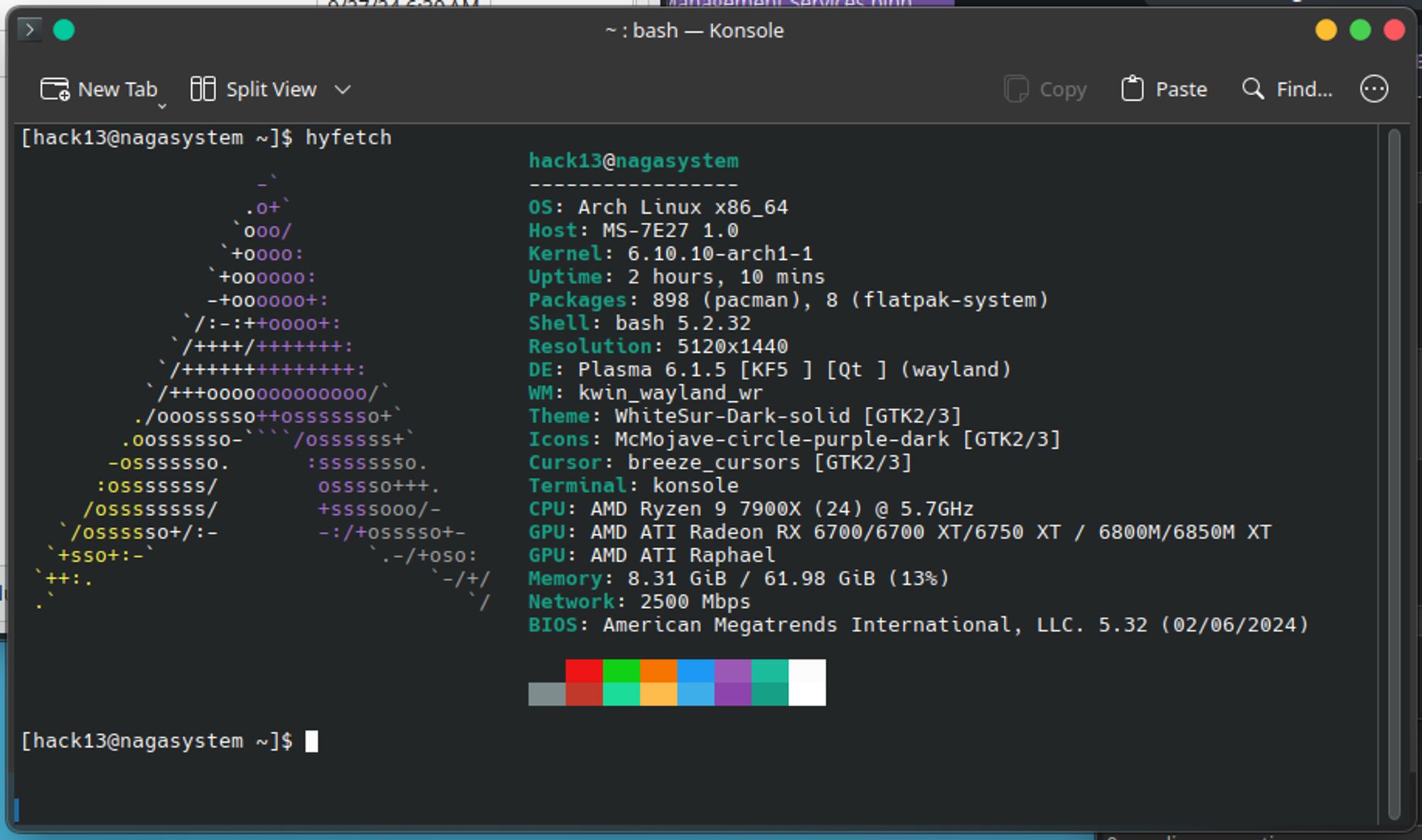 hack13@nagasystem 
----------------- 
OS: Arch Linux x86_64 
Host: MS-7E27 1.0 
Kernel: 6.10.10-arch1-1 
Uptime: 2 hours, 10 mins 
Packages: 898 (pacman), 8 (flatpak-system) 
Shell: bash 5.2.32 
Resolution: 5120x1440 
DE: Plasma 6.1.5 [KF5 ] [Qt ] (wayland) 
WM: kwin_wayland_wr 
Theme: WhiteSur-Dark-solid [GTK2/3] 
Icons: McMojave-circle-purple-dark [GTK2/3] 
Cursor: breeze_cursors [GTK2/3] 
Terminal: konsole 
CPU: AMD Ryzen 9 7900X (24) @ 5.7GHz 
GPU: AMD ATI Radeon RX 6700/6700 XT/6750 XT / 6800M/6850M XT 
GPU: AMD ATI Raphael 
Memory: 8.31 GiB / 61.98 GiB (13%) 
Network: 2500 Mbps 
BIOS: American Megatrends International, LLC. 5.32 (02/06/2024) 