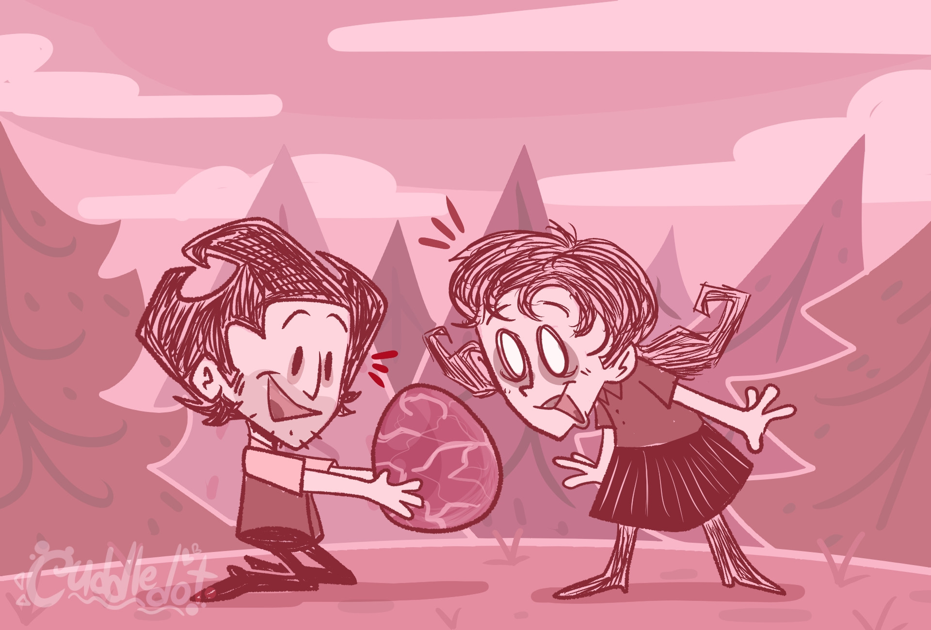 A pink-hue illustration of Wilson and Willow from the game Don't Starve in a forest where they both marveled at the Dragonfly egg Wilson is holding.