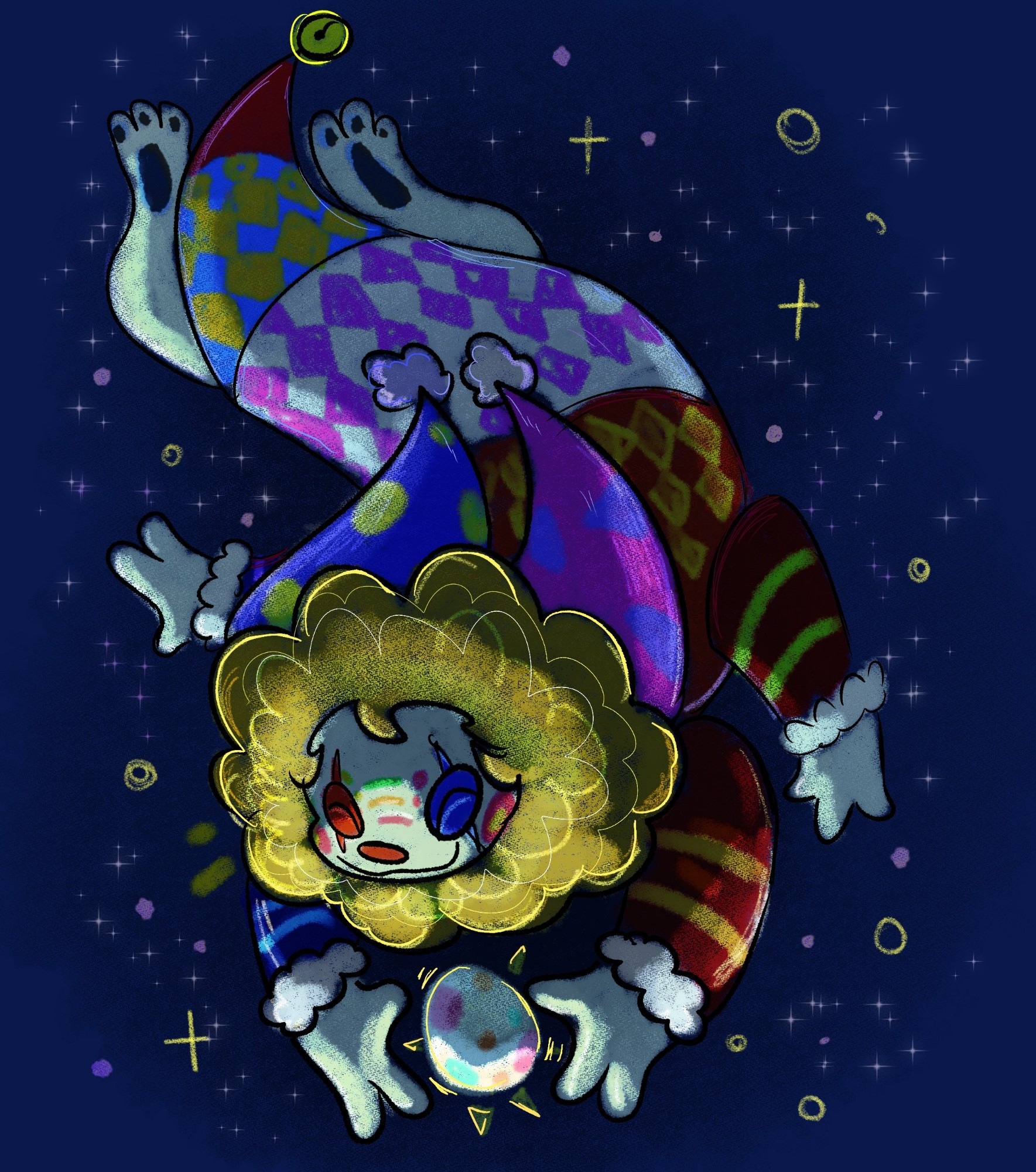 Another separate drawing of Jolimar but they're floating in a starry sky, holding an egg with his primary arms, smiling contently.