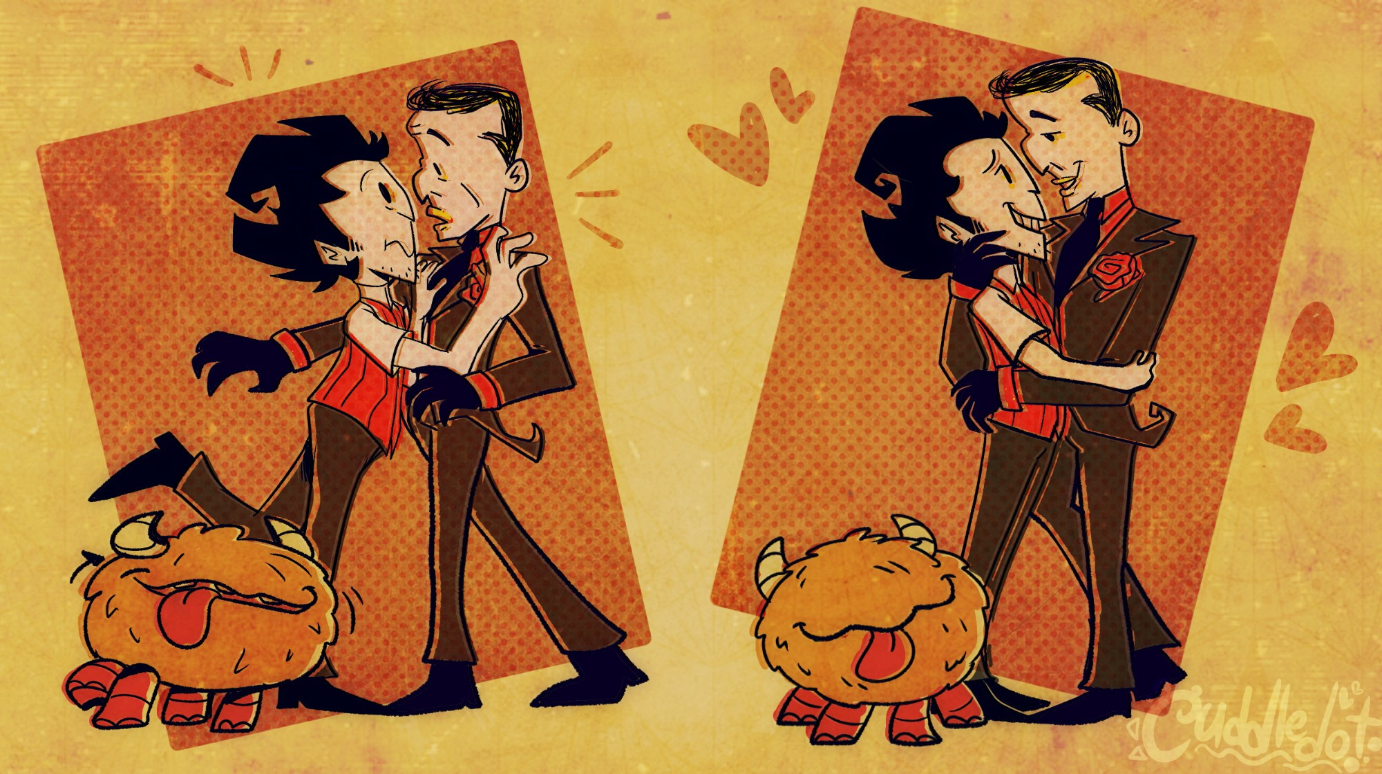 A warm hue, textured illustration of Wilson and Maxwell from the game Don't Starve, accidently being nudge to each other due to Chester pushing by Wilson's leg. Both are a bit surprised but with the next panel, Wilson and Maxwell embraced each other.