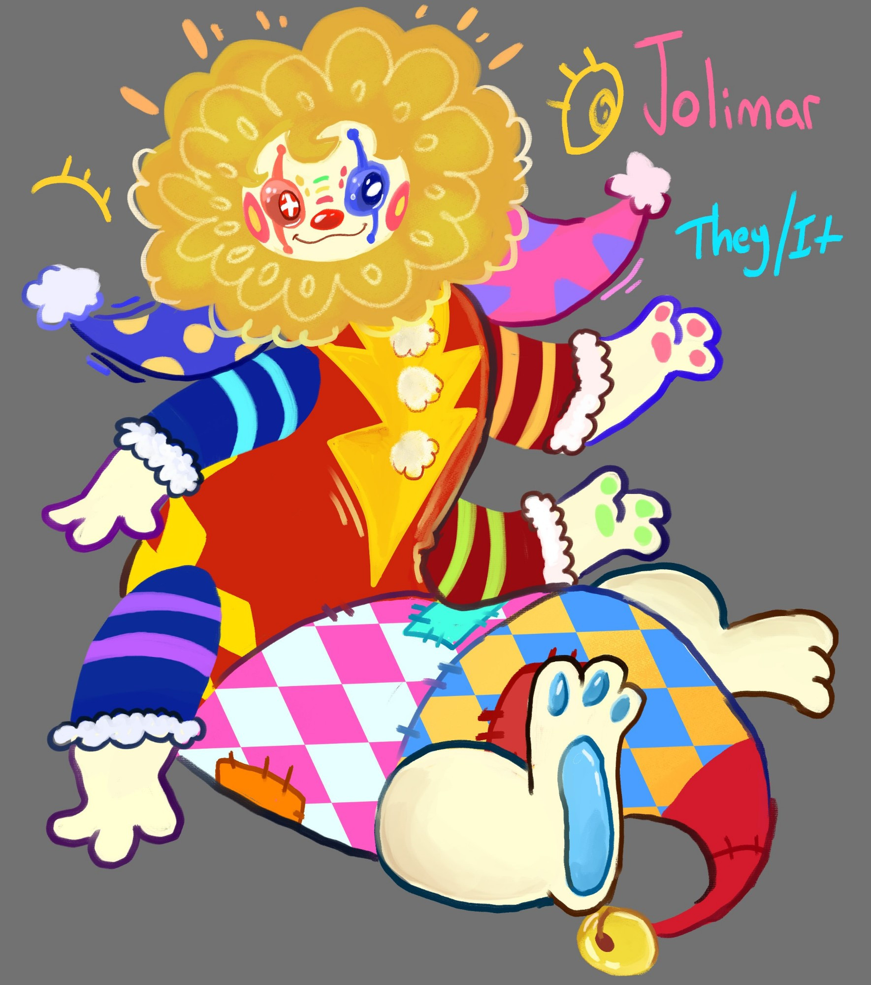 An illustration doodle of my OC, Jolimar, a clown diety with four arms, wearing a jester attire with mismatch patchwork patterns. They're resemble a mix of an otter with a lion's mane. They go by They/It pronouns.