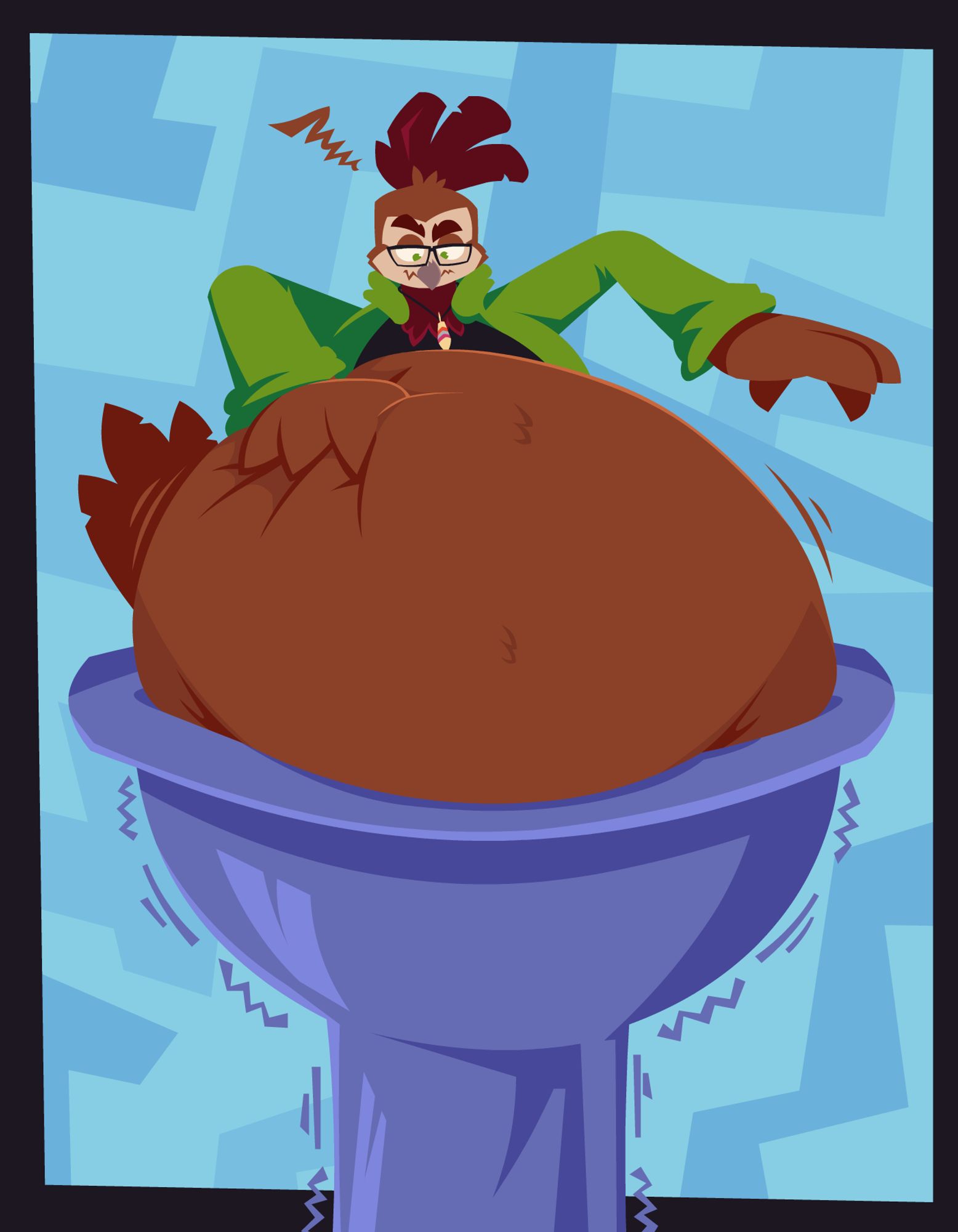 a brown owl with glasses and a massive ball gut, wedged in a pipe. he is pushing down on his belly with his hand in frustration